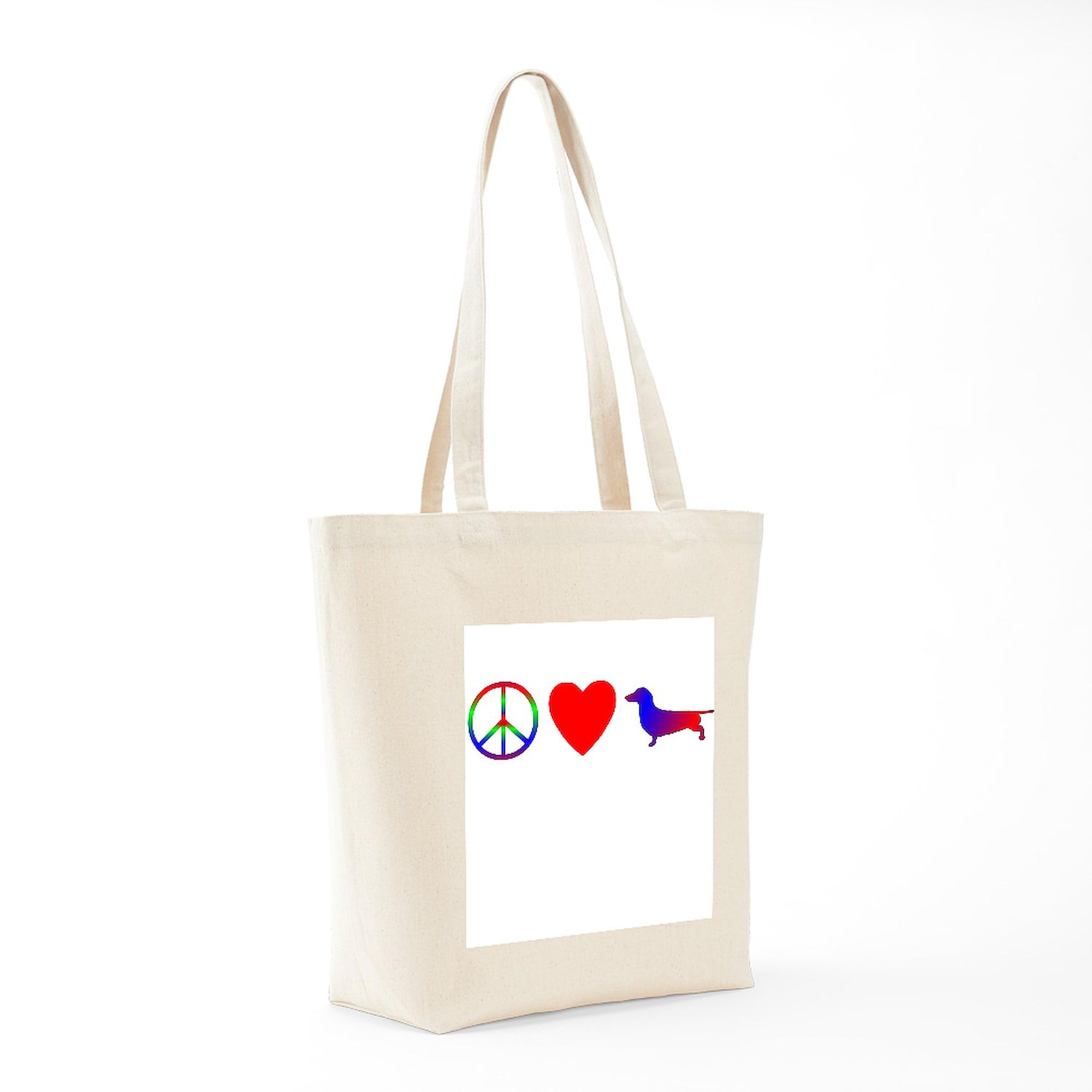Peace, Love, Dachshund Tote Bag - Natural Canvas Reusable Shopping Bag for Groceries, Beach & Everyday Use | Eco-Friendly Cotton Tote with Dachshund Design