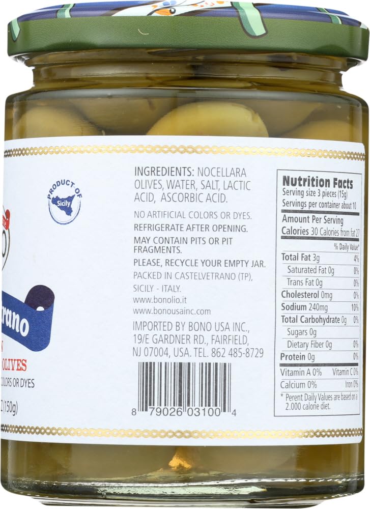 Bono Castelvetrano Pitted Sicilian Green Olives 5.3 oz (150g) | Premium Italian Olives | Perfect for Salads, Charcuterie Boards & Mediterranean Recipes