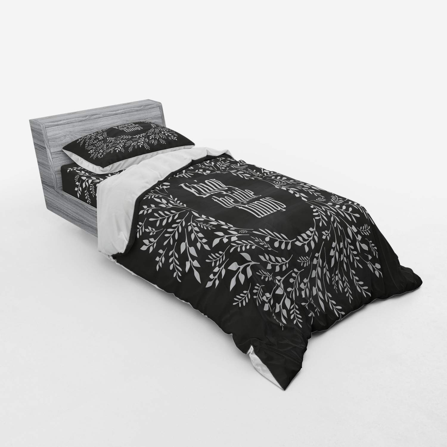 Ambesonne 3-Piece Twin XL Duvet Cover Set - Blooming Wreath Calligraphy Design on Grey & White Background, Includes Sham & Fitted Sheet | Cozy Bedroom Decor for Guest Rooms, Dorms & Apartments