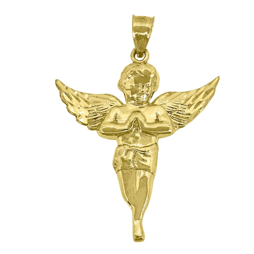 10K Yellow Gold Cupid Angel Religious Charm Pendant Necklace for Men & Women - 45.8x32.9mm Wide - Perfect Gift for Valentine's Day, Baptism & Religious Occasions - Elegant Jewelry for Everyday Wear & Special Events