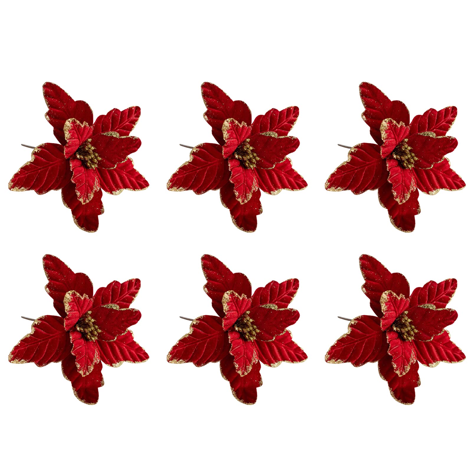 6pcs Glitter Poinsettia Christmas Tree Ornaments - Red Holiday Floral Decorations for Xmas Tree, Wreaths, Mantel & Table Centerpieces - Festive Home & Party Decor