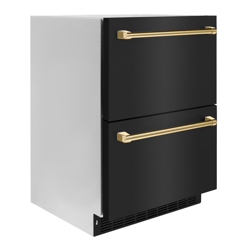 ZLINE Autograph Edition 24 Inch Touchstone 168 Can Outdoor Rated Dual Refrigerator Drawer - Black Stainless Steel with Polished Gold Handles (RDSOZ BS 24 G) | Perfect for Outdoor Kitchens, Patio Bars & Entertaining Areas