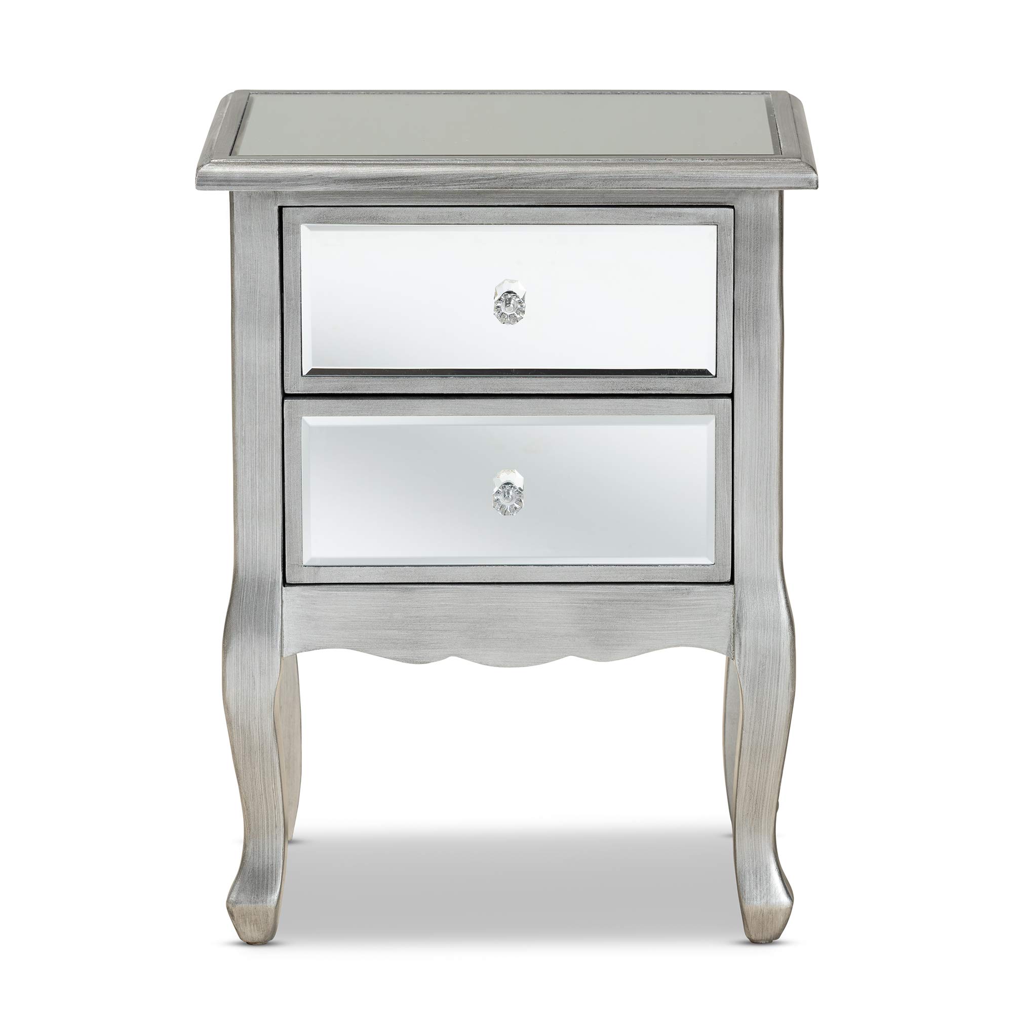 Baxton Studio Modern Nightstand with Silver Finish and Mirror - Stylish Bedside Table for Bedroom Decor & Storage
