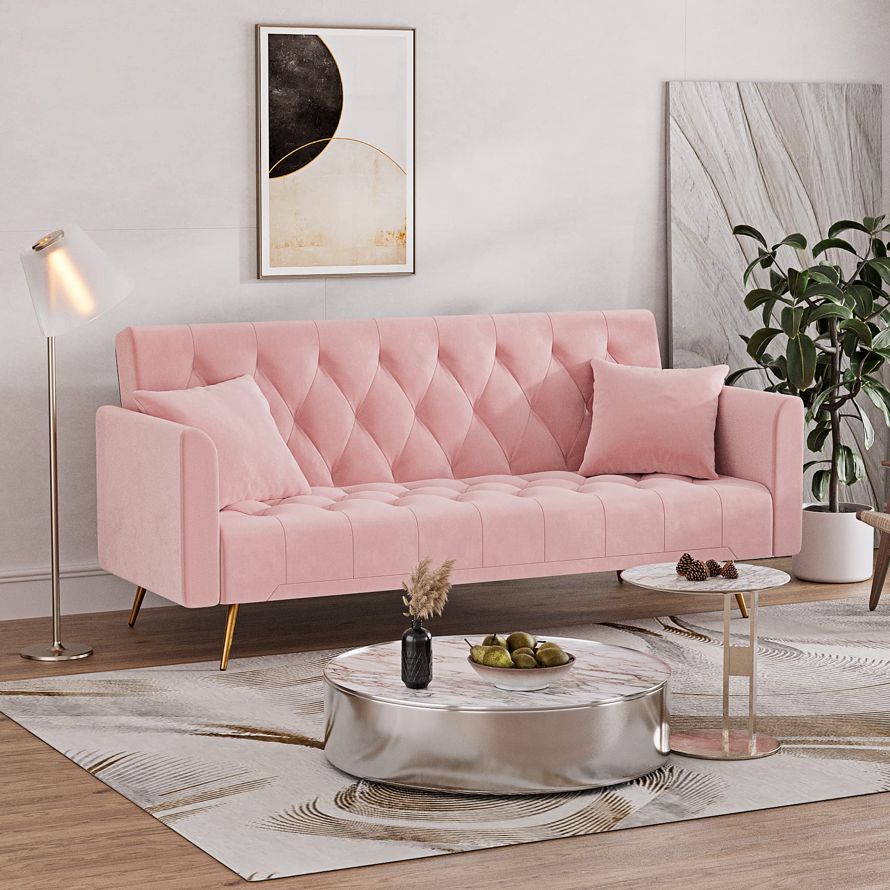 OUYESSIR 71-inch Velvet Convertible Futon Sofa Bed with 2 Pillows - Pink Sleeper Couch for Small Spaces, Living Room & Bedroom - Modern Comfort for Apartments, Dorms & Guest Rooms