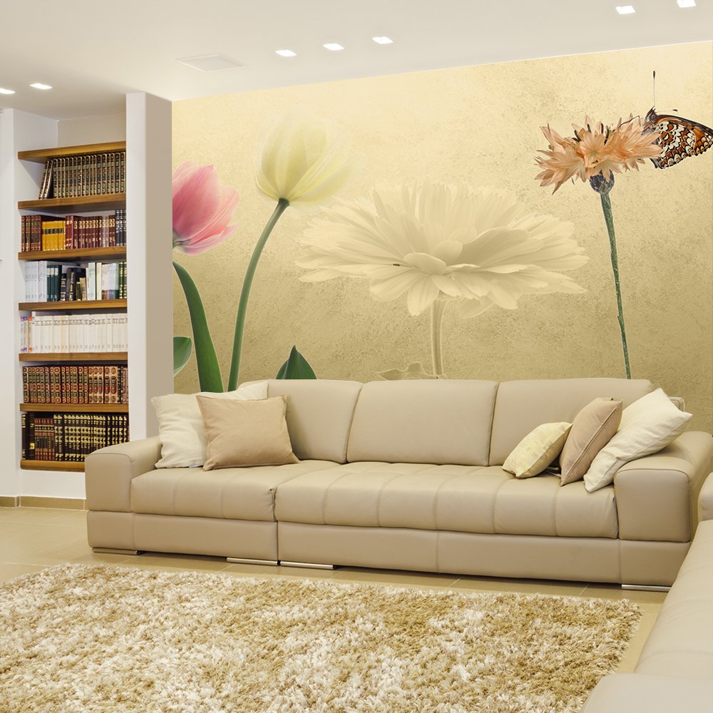 Wall26 Self-Adhesive Wallpaper - Tulips and Butterfly Floral Design with Copper Textured Background, Large Wall Mural 66x96 Inches - Perfect for Living Room, Bedroom, or Office Decor