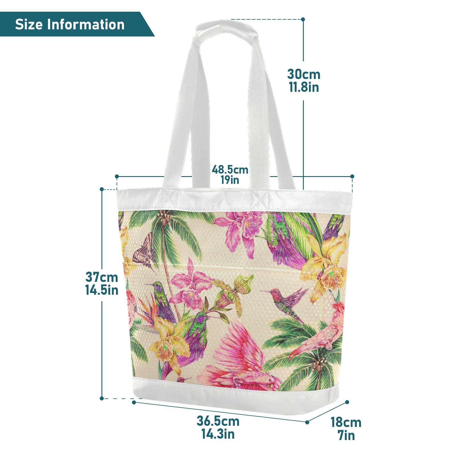 J JOYSAY Tropical Leaves Parrot Hummingbirds Mesh Beach Tote Bag - Large Waterproof Sandproof Gym & Beach Bag for Women - Perfect for Pool Parties, Vacation Travel & Summer Outings