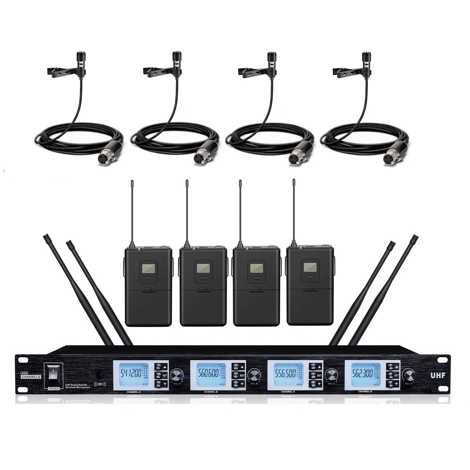 4 Channel UHF Wireless Lavalier Lapel Microphone Kit - Professional Hands-Free Mic for Church, Public Speaking, Podcasting & Video Recording