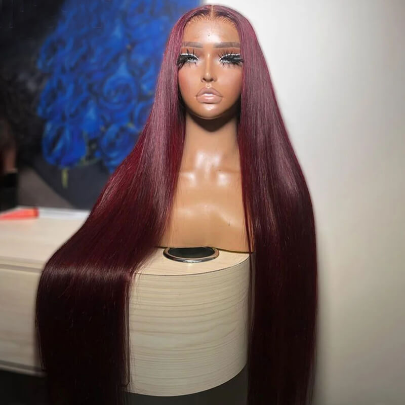 Eullair Pre-Colored Dark #99J Burgundy Frontal Wig - Natural Looking Human Hair Lace Front Wig for Women | Perfect Fall Color for Daily Wear, Parties & Special Occasions