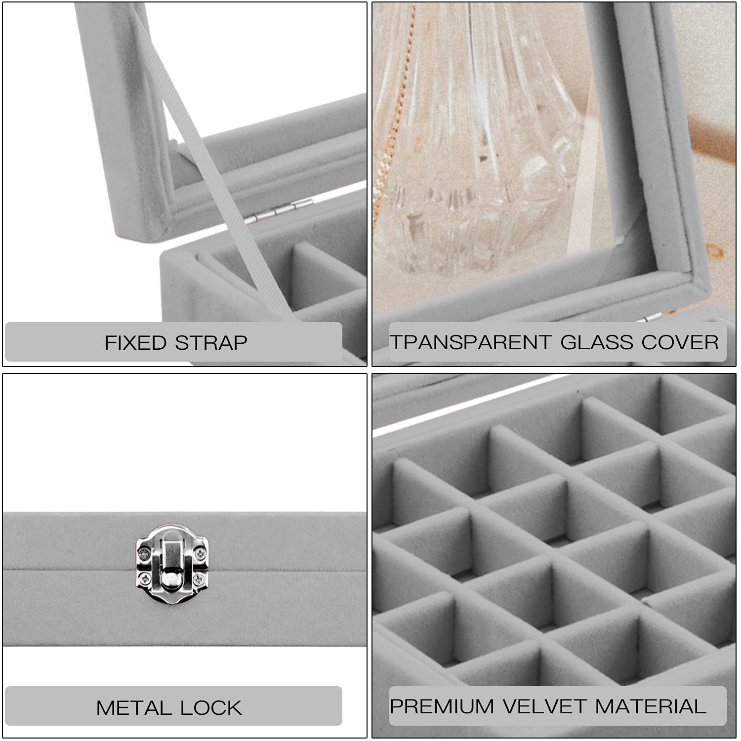 Lainrrew 24 Grid Velvet Jewelry Organizer Box - Premium Jewelry Display Tray for Earrings, Rings, Necklaces & Bracelets - Stylish Storage Case for Women & Girls (Gray) - Perfect for Bedroom, Closet & Travel Accessory Organization