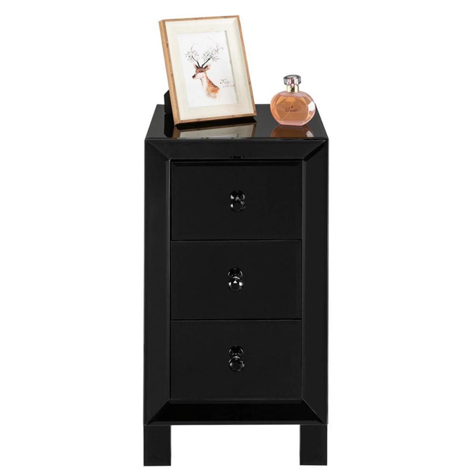 Modern Black 3-Drawer Nightstand with Mirror - Contemporary Bedside Table for Bedroom, Living Room & Guest Room - XIZHOUCUN Storage Cabinet (Black)