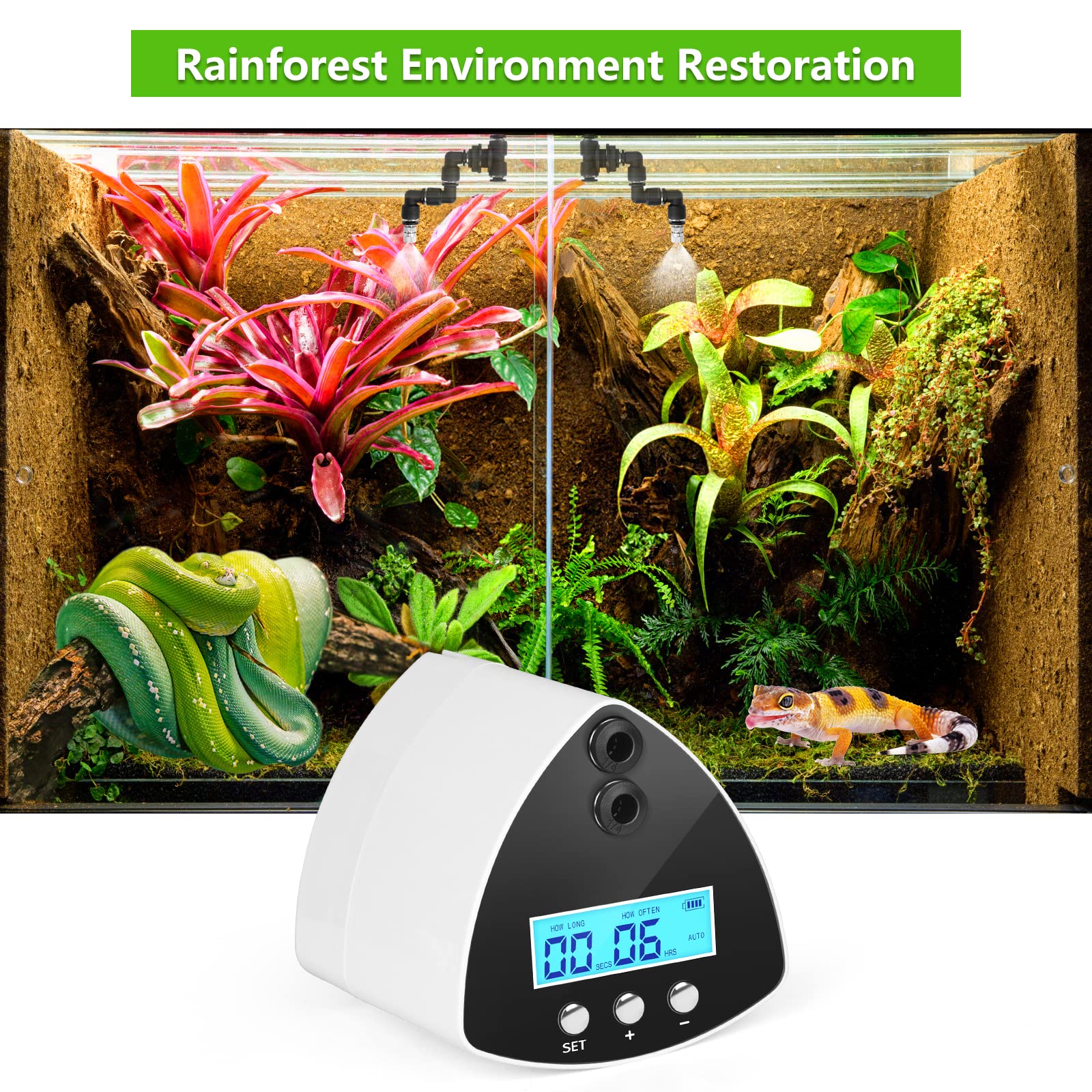 Automatic Reptile Misting System - 2 Nozzles Terrarium Humidifier with LCD Screen & Timer | Perfect for Chameleons, Geckos, Snakes & Amphibian Habitats
