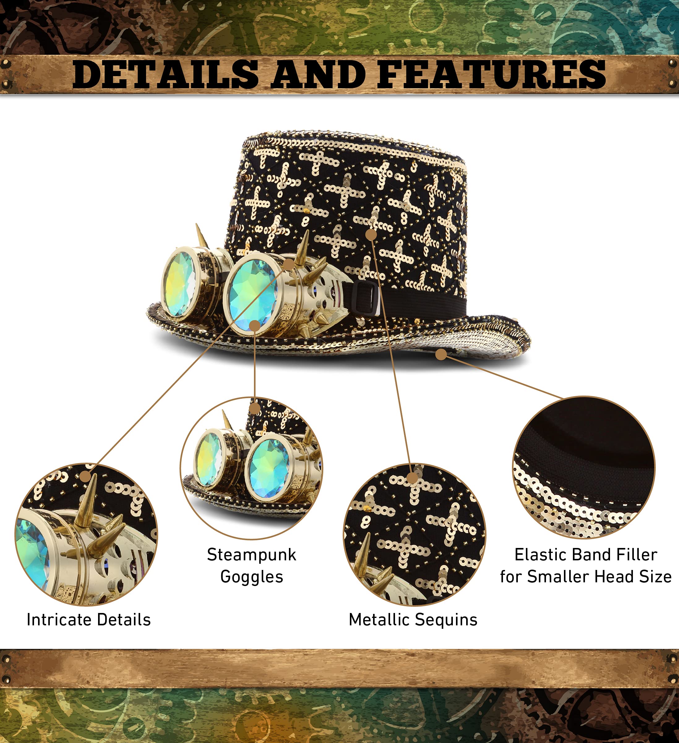 Steampunk Hat with Gold Paillettes & Goggles - Victorian Cosplay Costume Accessory for Halloween Parties, LARP Events, and Gothic Fashion