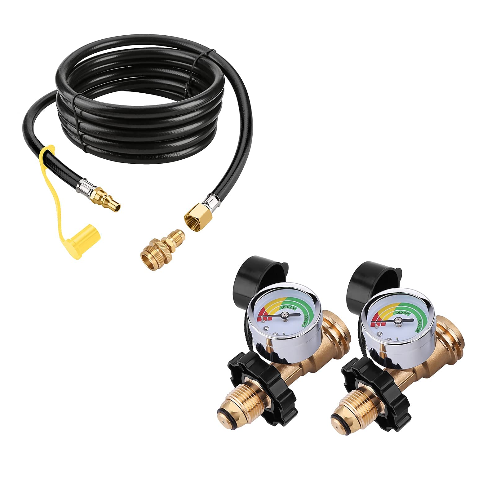 WADEO 12 FT Propane Quick Connect Hose for RV to Gas Grill with Propane Tank Adapter & Gauge - 2-Piece Bundle for Outdoor Camping, Tailgating, and Backyard BBQs