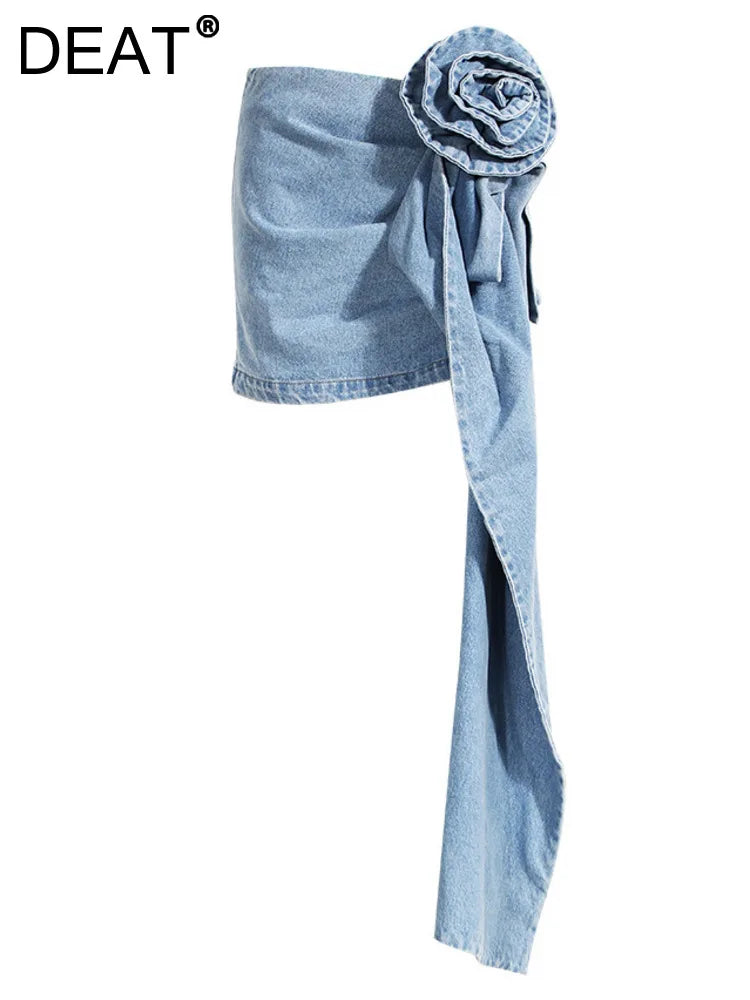 DEAT Fashion Women's High Waist Asymmetric Denim Skirt with 3D Rose Flower - Blue Short Skirt for Summer | Perfect for Casual Outings, Beach Vacations & Date Nights