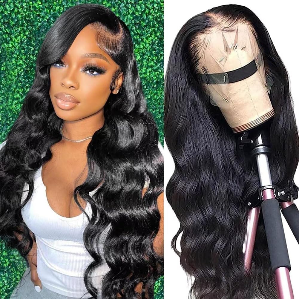 13x4 HD Transparent Lace Front Wig Human Hair - 180% Density Body Wave Pre Plucked Glueless Wig with Baby Hair for Black Women | 30 Inch Natural Black | Perfect for Daily Wear, Parties & Special Occasions