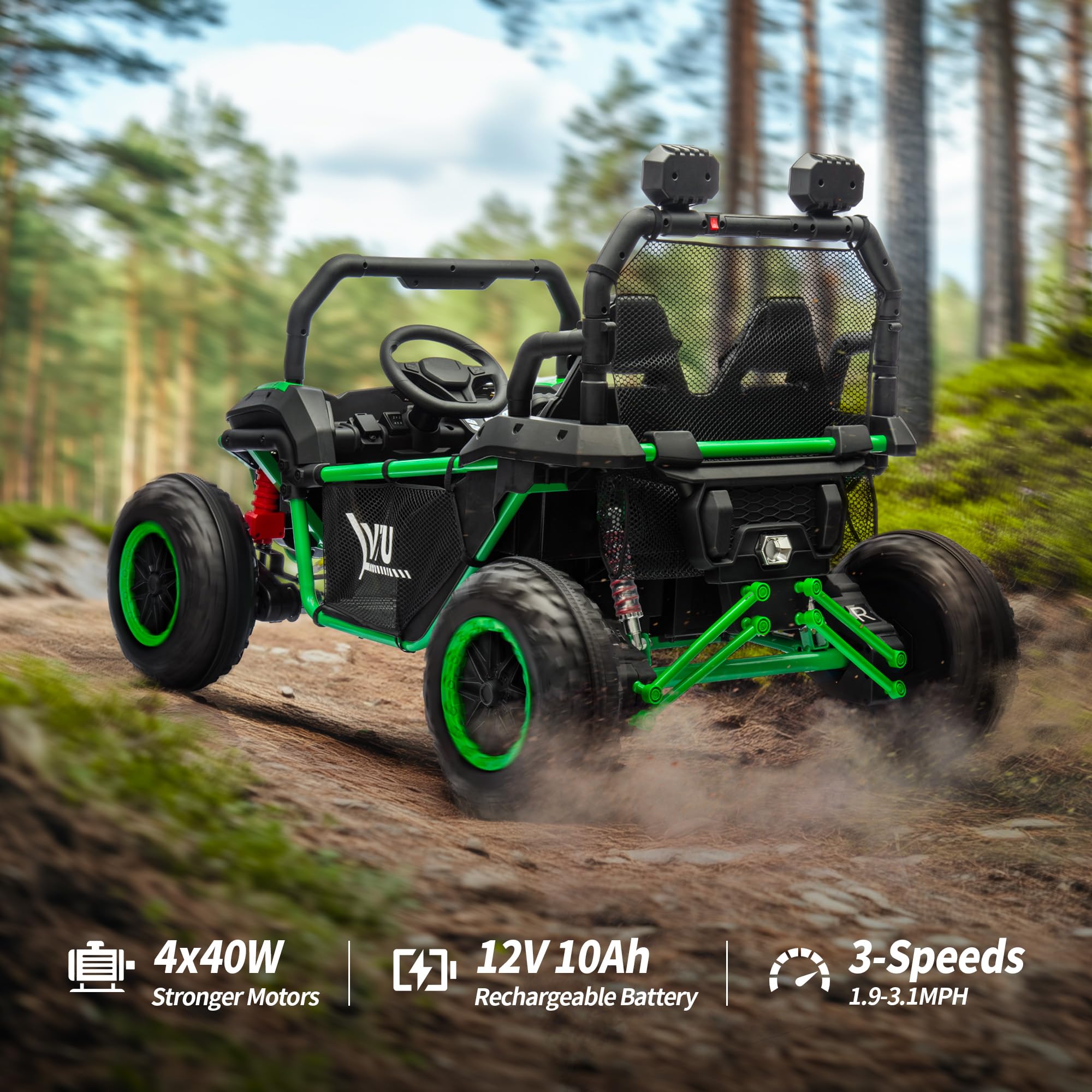 12V 4WD Kids Ride-On Car with Remote Control & Bluetooth - 2 Seater UTV Toy for Children Ages 3-8, Includes Storage - Green | Perfect for Outdoor Play, Birthday Gifts & Backyard Adventures