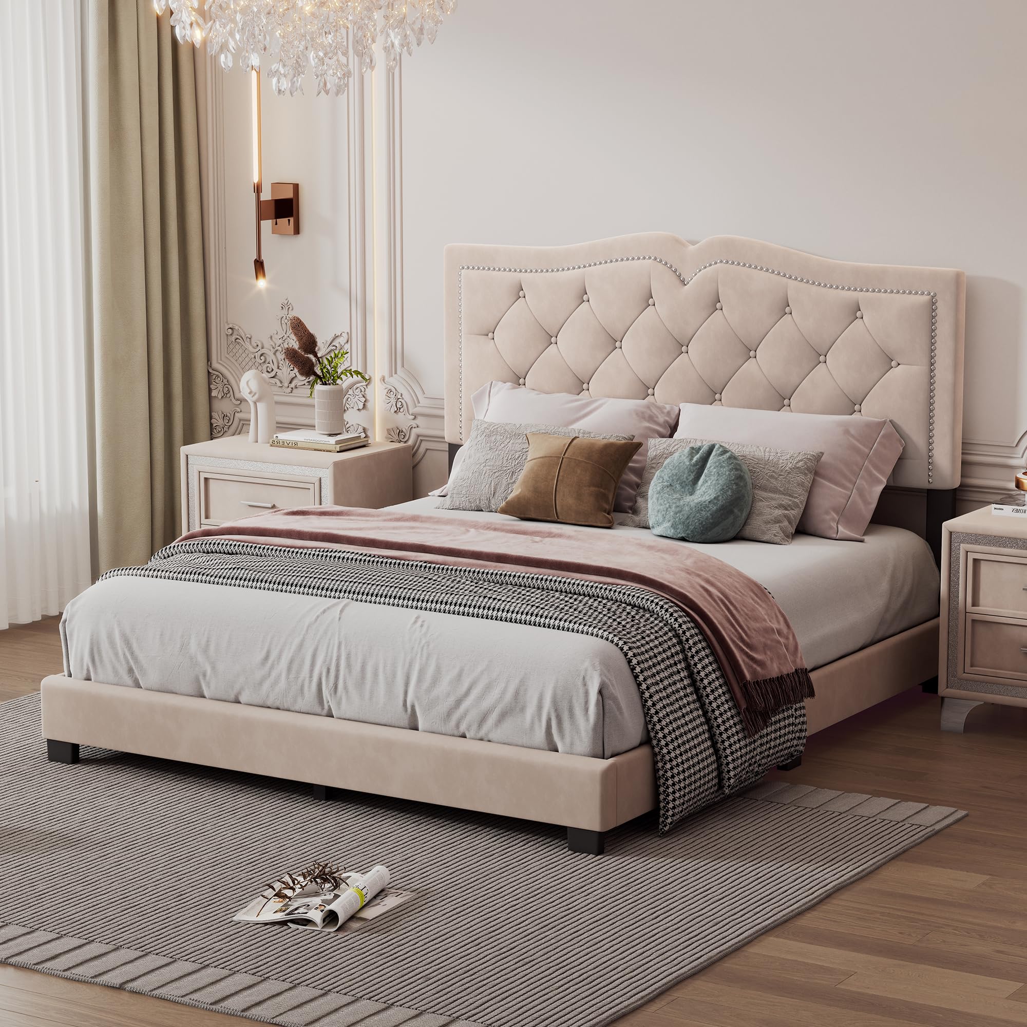 Luxury Velvet Upholstered Platform Bed Frame with Rivet Design - Queen Size Soft Headboard Bed with Slats, No Box Spring Needed - Easy Assembly Modern Bedroom Furniture (Beige) | Perfect for Master Bedrooms, Guest Rooms & Small Space Apartments