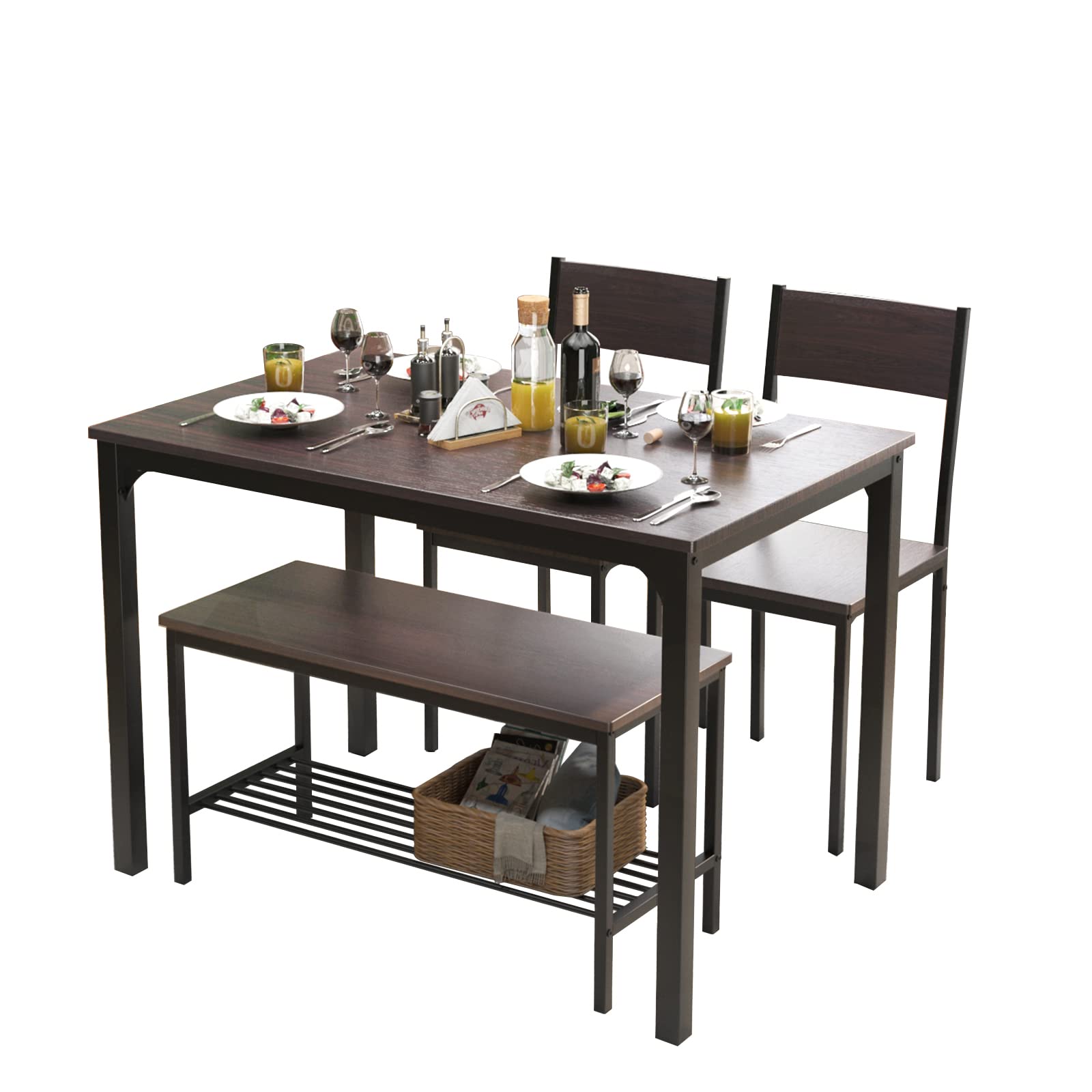 DLandHome 4-Piece Rustic Oak Dining Table Set with 2 Chairs & 2 Benches - Space-Saving Rectangular Kitchen Table for Small Homes & Apartments - Perfect for Family Dinners, Breakfast Nooks & Compact Dining Spaces