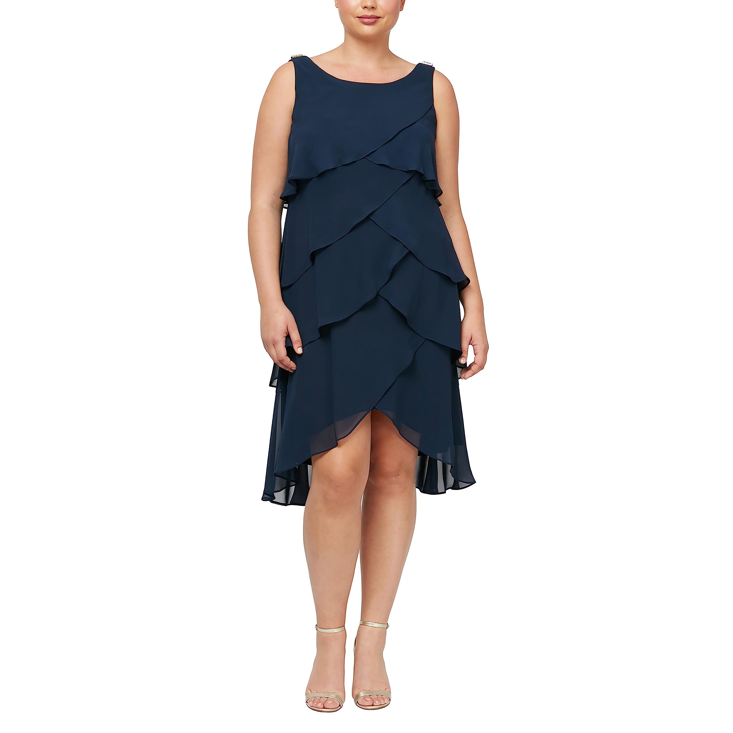 S.L. Fashions Women's Plus Size Solid Color Multi-Tier Embellished Shoulder Dress for Party, Wedding & Special Occasions