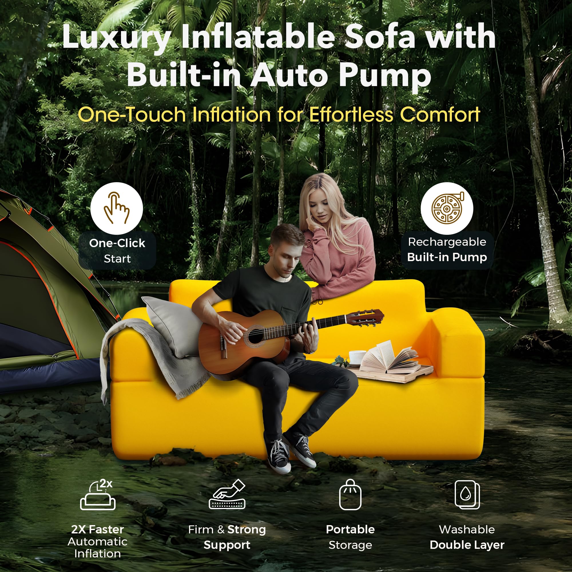 **Inflatable Couch with Built-in Pump - Portable Self-Inflating Sofa for Camping, Beach, Picnic & Home - 4kPa High-Pressure Durable Loveseat (Yellow) - Perfect for Outdoor Relaxation & Indoor Lounging**
