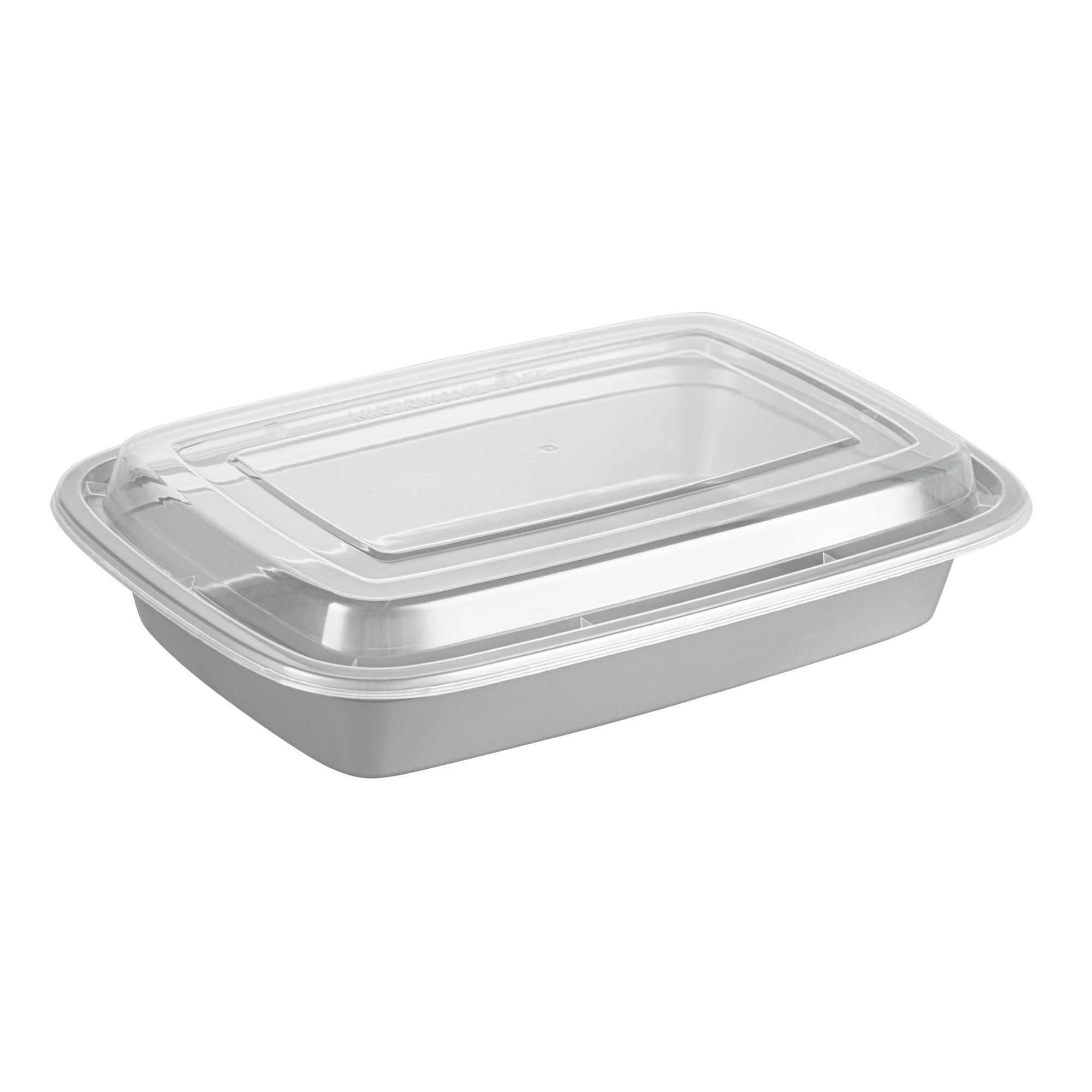 28 oz Rectangle Silver Plastic To-Go Food Containers with Clear Lids - Microwave Safe, 8.75
