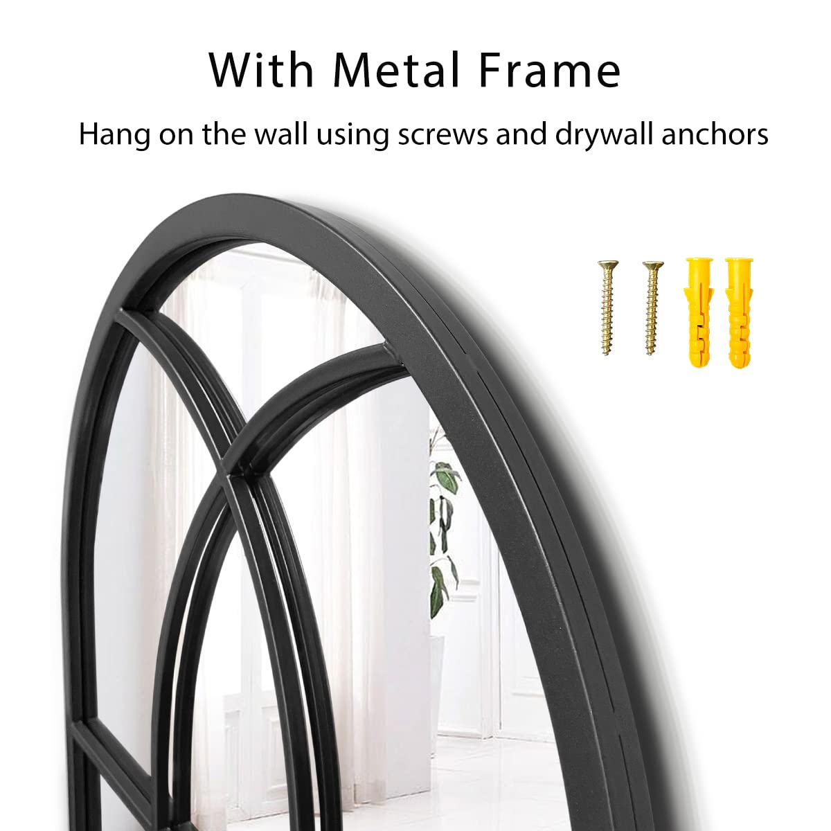 24x38 Inch Arched Wall Mirror - Black Farmhouse Bathroom Mirror with Metal Frame for Living Room & Bedroom | Elegant Windowpane Design for Home Decor & Vanity Use