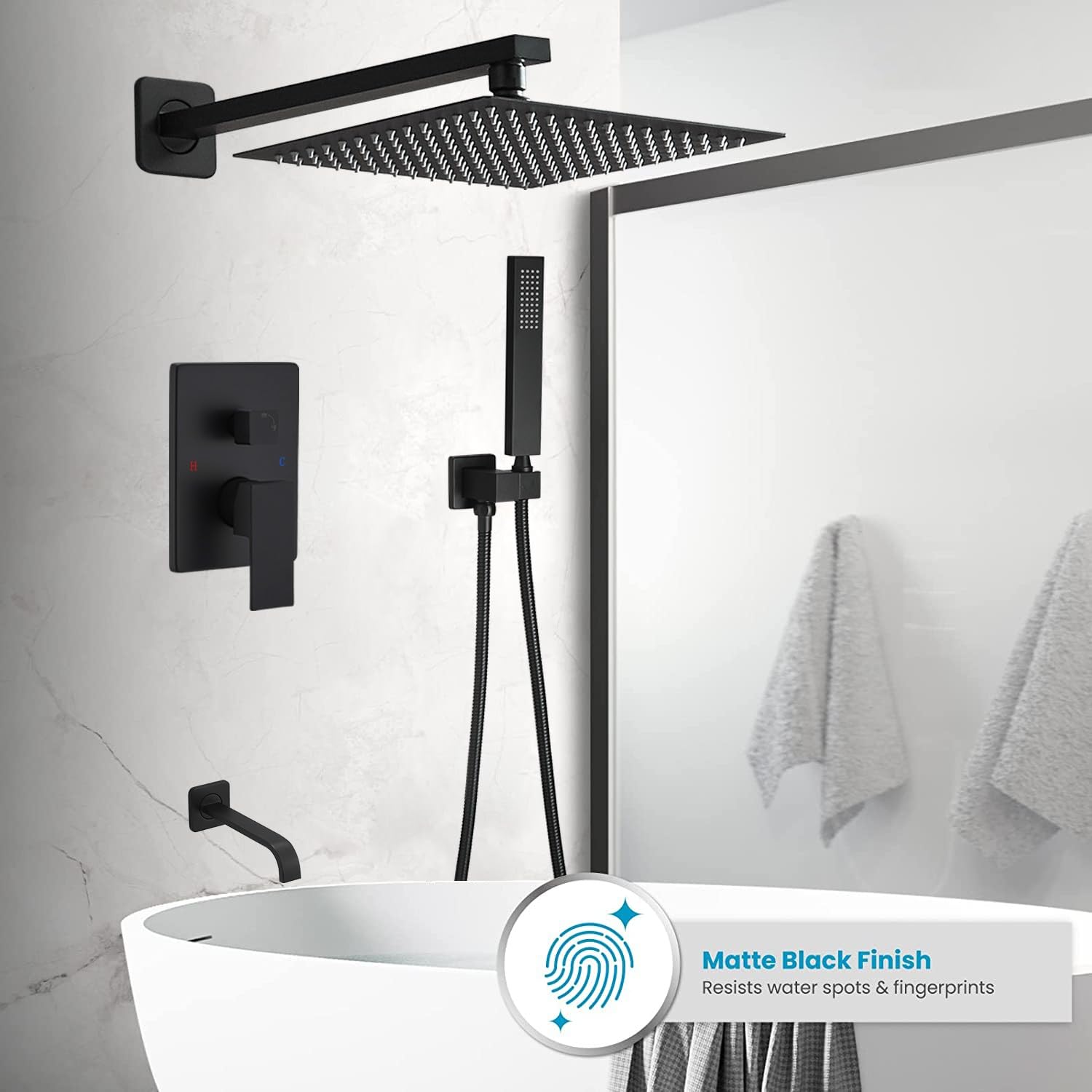 Premium Matte Black Rain Shower System - 12 Inch Square Rainfall Shower Head with Handheld Sprayer, Tub Spout & Rough-in Valve Shower Mixer Combo for Bathroom & Tub Shower Faucet Set - Perfect for Modern Home Spa Experience