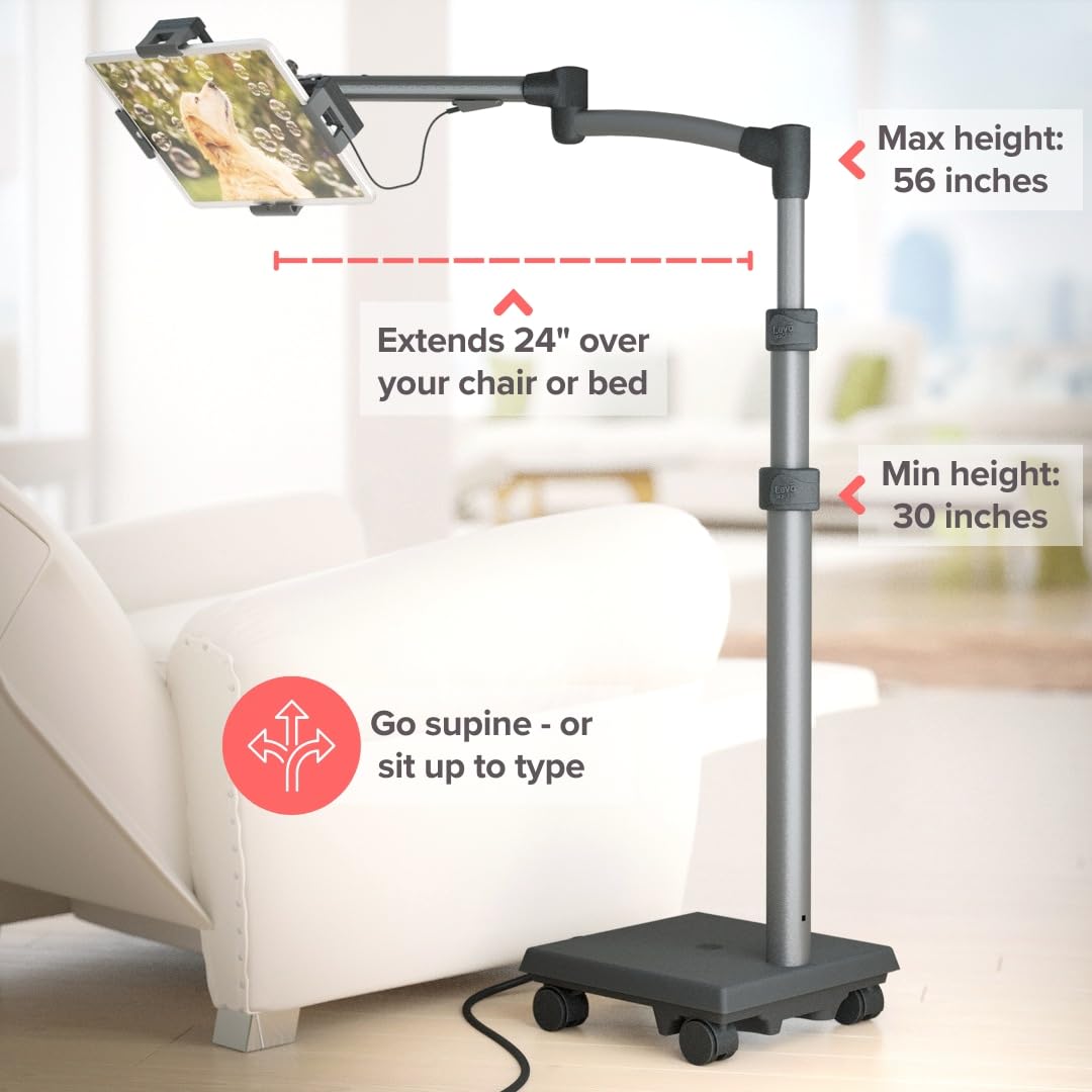 LEVO G2 Commercial Heavy-Duty Ergonomic Tablet Rolling Cart Stand with 60W USB-C Charging Port - Compatible with iPad Pro, Surface Pro, Samsung, Kindle & More Touchscreen Devices - Perfect for Schools, Hospitals, Retail Stores & Office Use