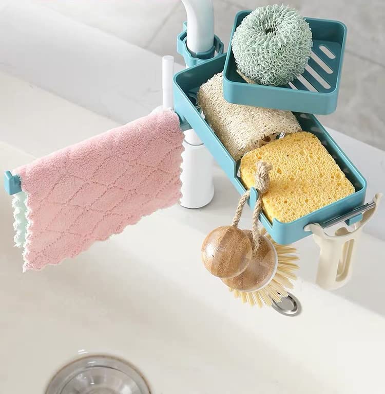 360° Rotating Faucet Sponge Holder for Kitchen Sink with Towel Bar - 3-Tier Drainage Rack for Sponges, Dishcloths & Pool Rags (Grey) | Space-Saving Sink Organizer for Kitchen & Bathroom Cleaning Tools