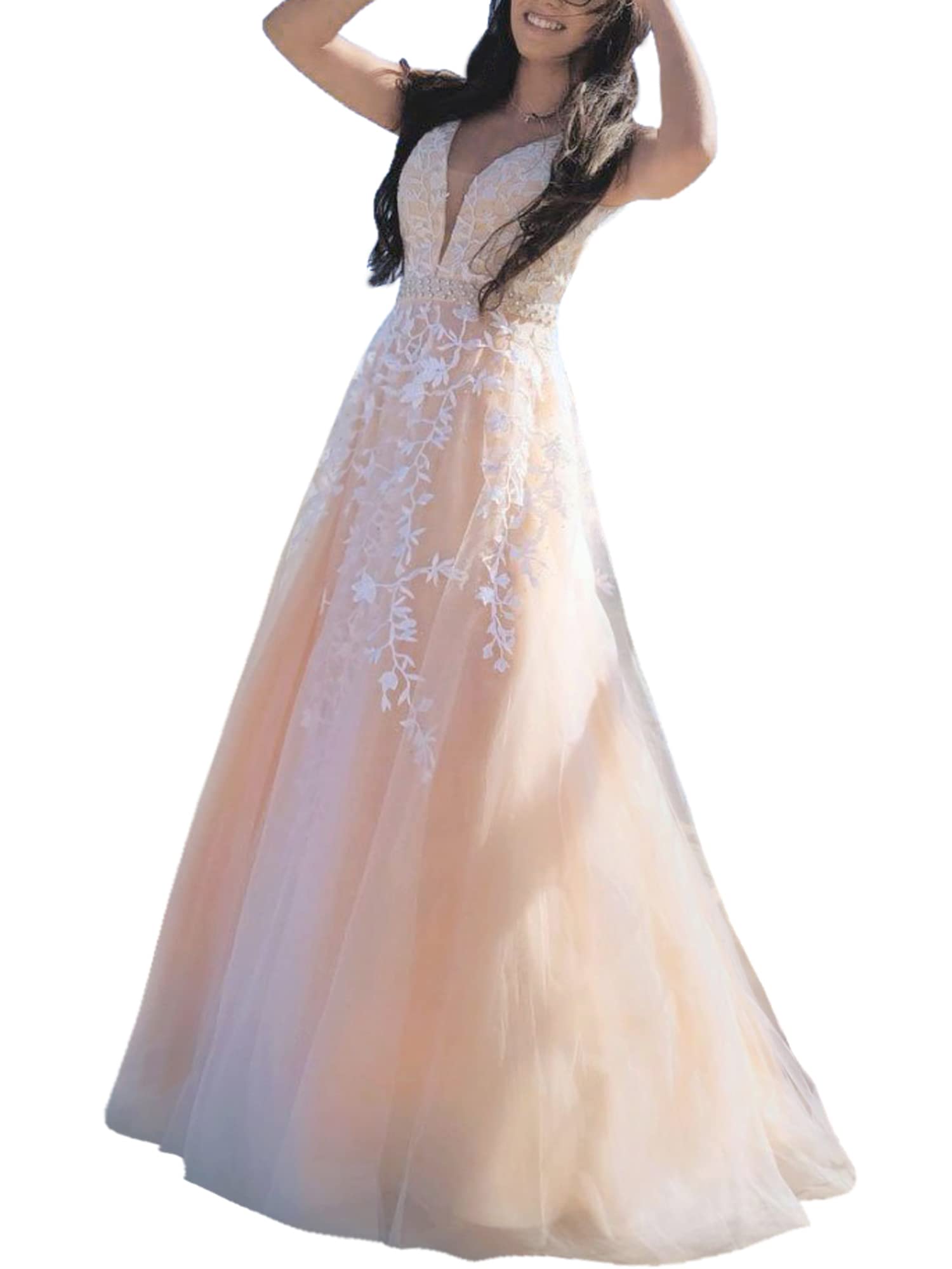 2023 Prom Dresses Elegant V-Neck Tulle Military Ball Gown with Lace Appliques & Beaded Details - Perfect for Homecoming, Evening Parties & Formal Events