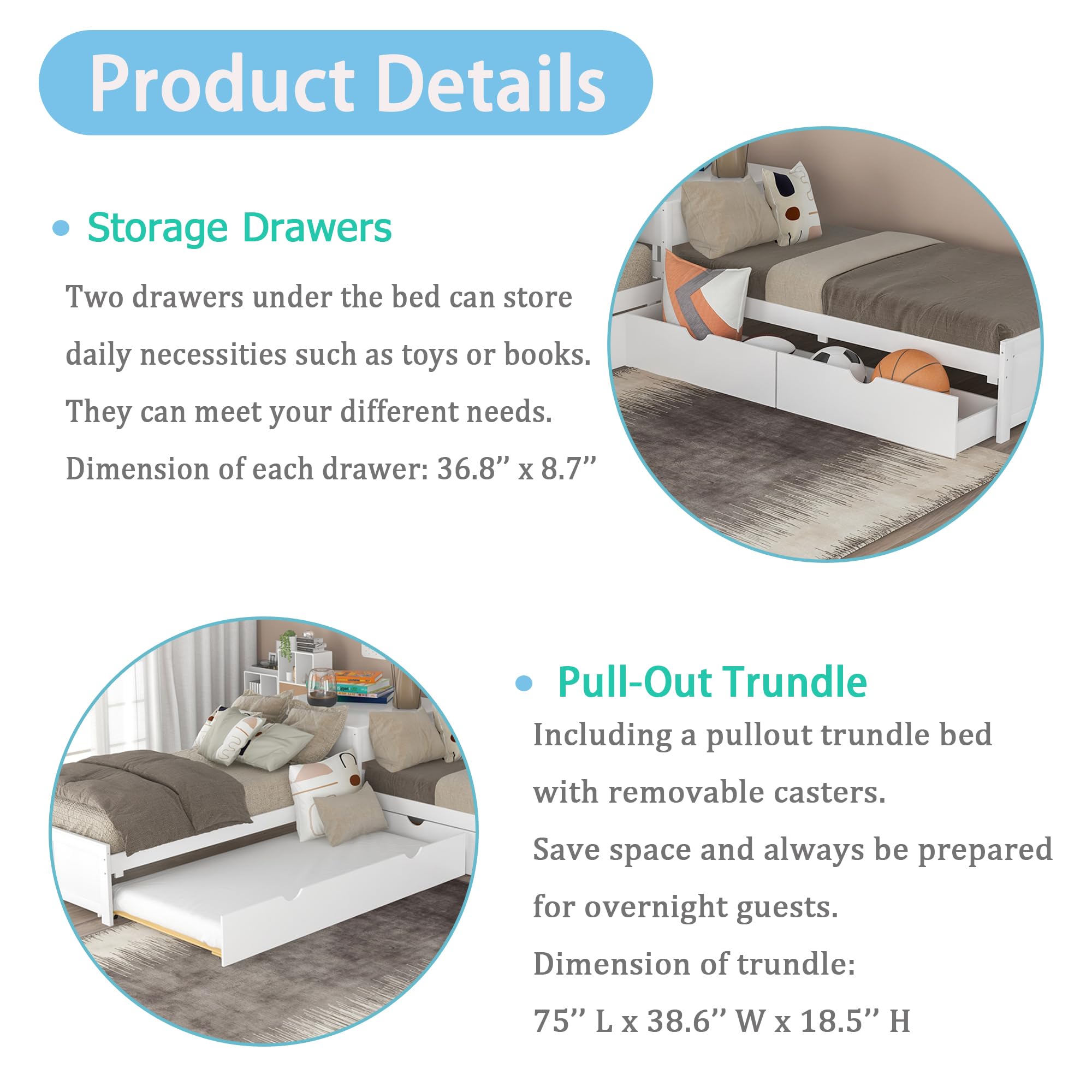 Merax Twin Size L-Shaped Storage Daybed with Trundle - Convertible Platform Bed with 2 Drawers & Built-in Desk - No Box Spring Needed - Perfect for Small Spaces, Living Room, Bedroom or Guest Room (White)
