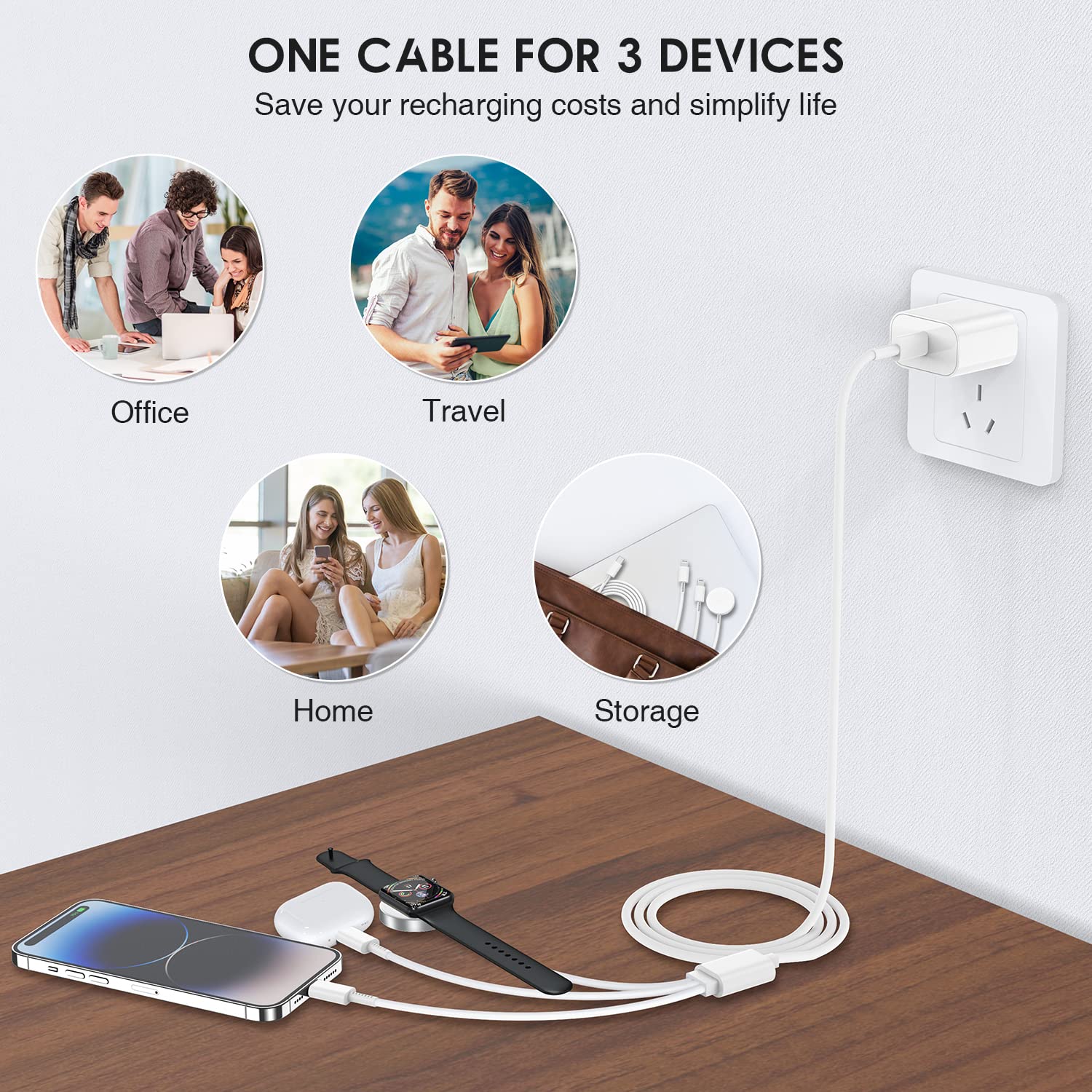 Magnetic Smart Watch Charger Cable - 6FT Fast Charging USB-C Charger for Apple Watch Series SE/8/7/6/5/4/3/2/1/Ultra & iPhone 14/13/12 - 3-in-1 iWatch Charger with Phone Stand (White) | Perfect for Travel, Office & Nightstand Charging