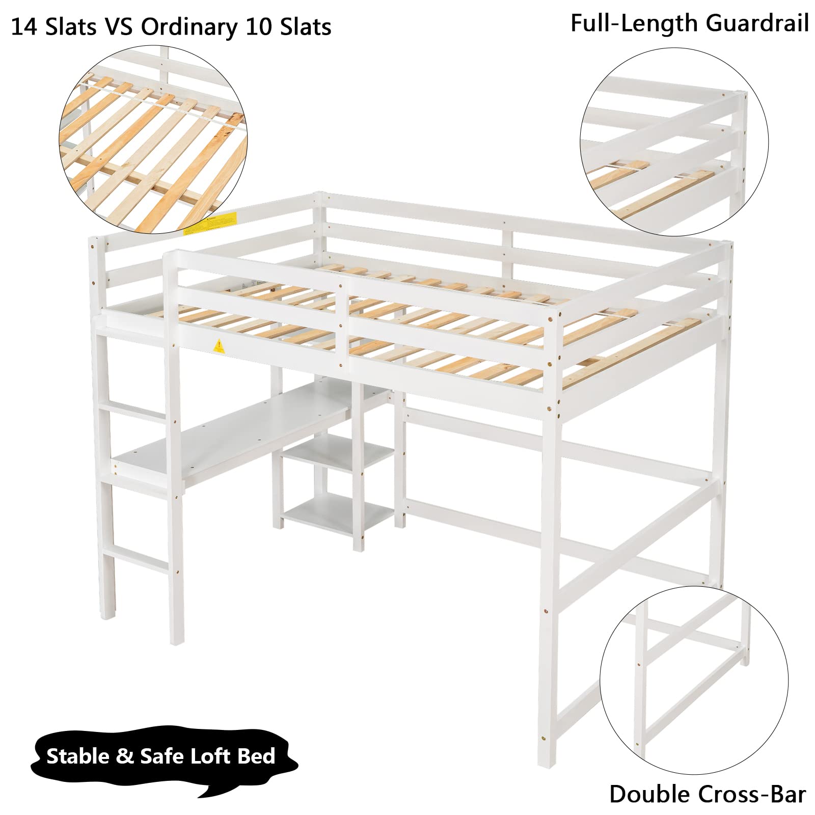 Aoowow Full Size Wood Loft Bed with Study Desk, Storage Shelves & Bookcase - Sturdy High Loft Bed Frame with Safety Guardrail & Ladder for Kids & Teens - No Box Spring Needed (White) - Perfect for Small Bedrooms, Dorm Rooms & Space-Saving Kids' Rooms