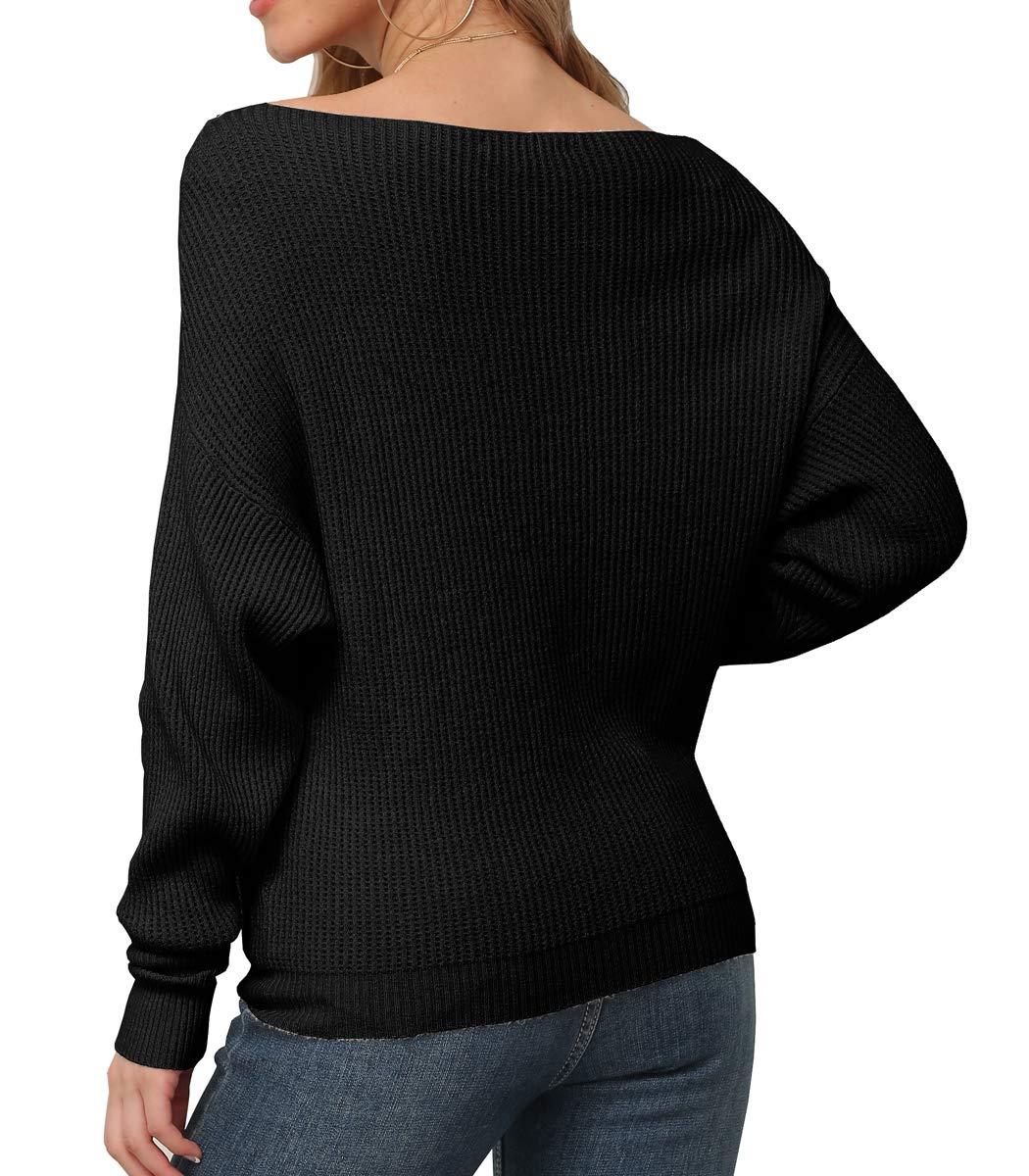 IWOLLENCE Women's Off Shoulder Waffle Knit Sweater - Long Sleeve Loose Batwing Pullover Casual Blouse for Fall & Winter | Perfect for Date Nights, Office Wear and Weekend Outfits