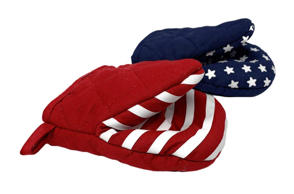 Premium Cotton Oven Mitts with Non-Slip Silicone Grip - Set of 2 Patriotic Americana Stars & Stripes Design - Heat Resistant Kitchen Gloves for Baking, Cooking & Grilling