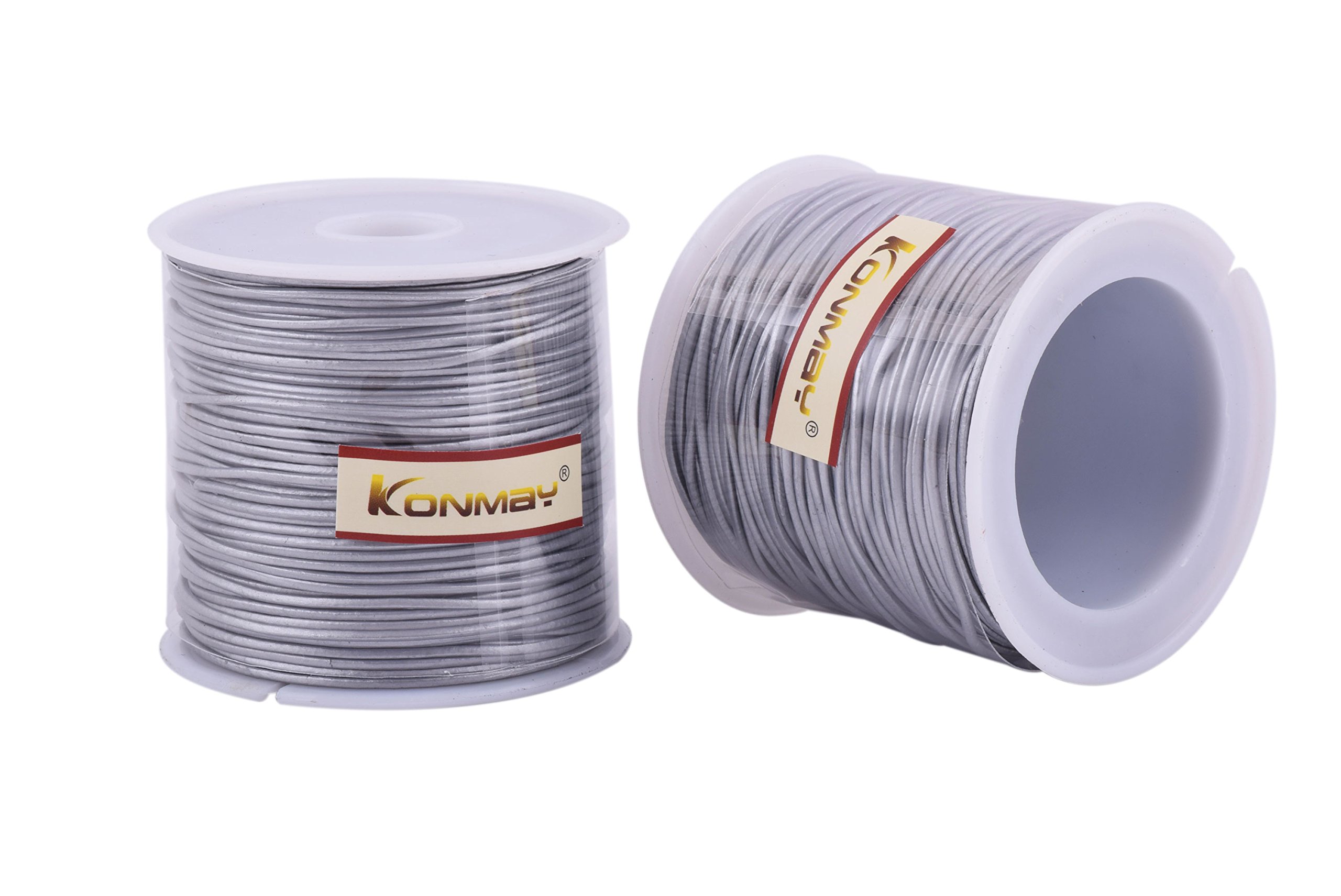 KONMAY 1.0mm Round Genuine Leather Cord - 25 Yards Metallic Silver Jewelry String for Necklaces, Bracelets & DIY Crafts | Perfect for Beading, Macrame & Handmade Accessories