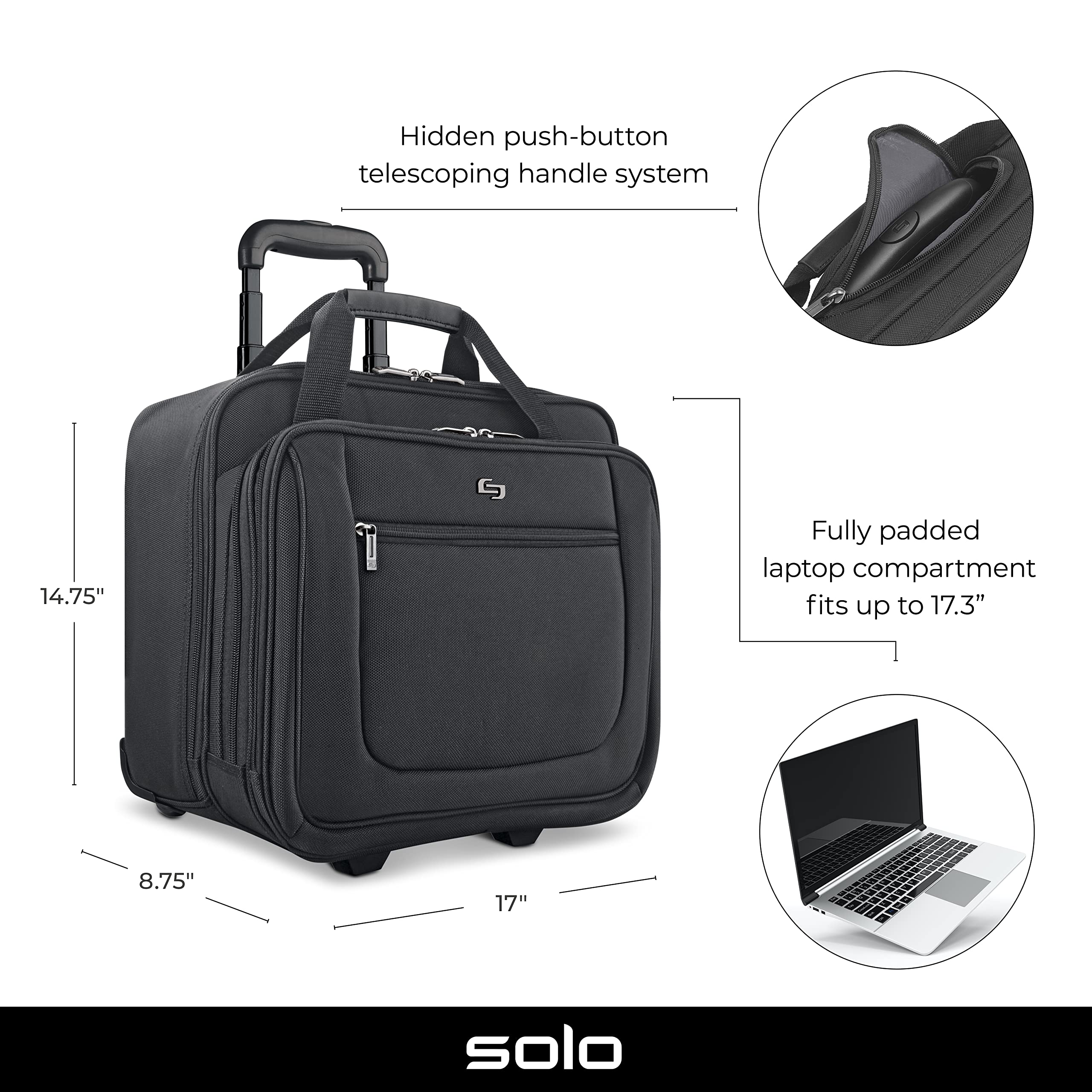 Solo New York Bryant Rolling Laptop Bag with Wheels - 17.3 Inch Wheeled Briefcase for Business Travel, Black Carry On Luggage with Telescoping Handle (14