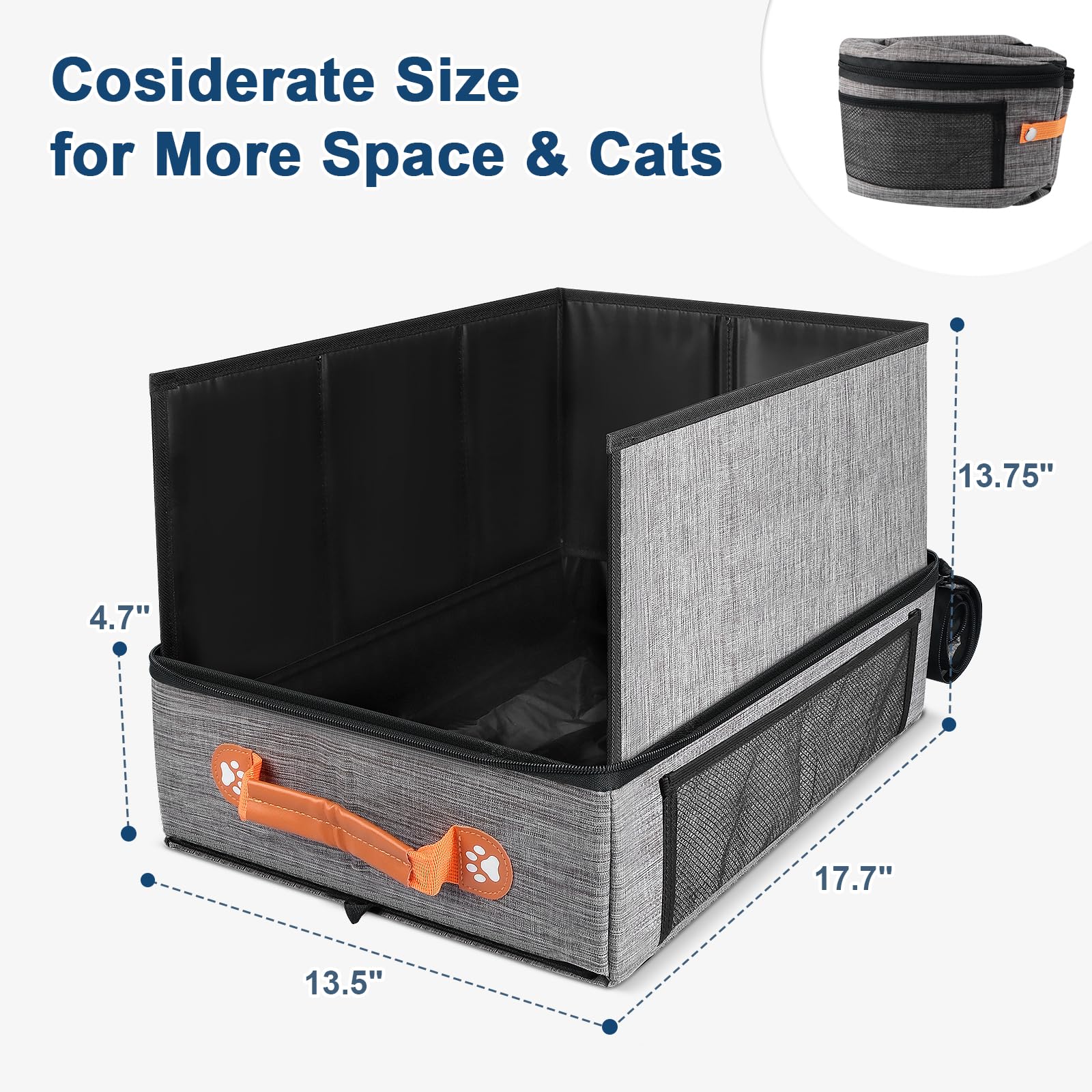 Collapsible Cat Litter Box with Lid - 17.7x13.5x13.75 Inch Portable Travel Litter Pan for Cats, Leak-Proof & Water-Resistant Design with Zipper & Hard Bottom - Perfect for Car, Hotel, Airplane & Outdoor Use