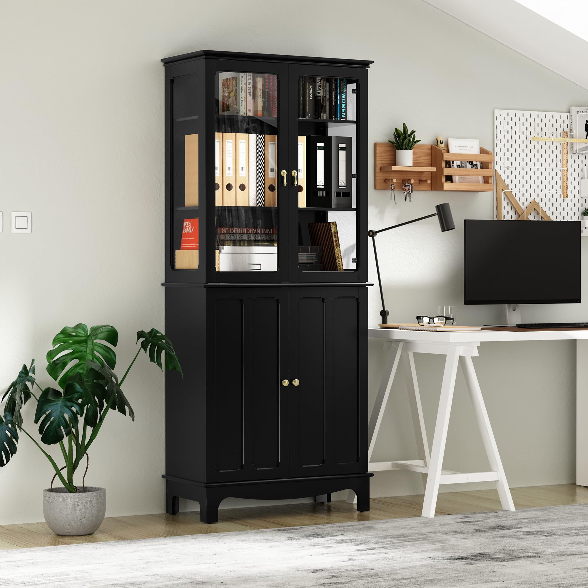 ARTPOWER 72 Inch Freestanding Kitchen Pantry Cabinet - Classic Tall Storage Sideboard with Glass Doors & Adjustable Shelves for Kitchen, Living Room, Dining Room - Black | Perfect for Small Space Organization, Home Decor & Extra Storage Solutions