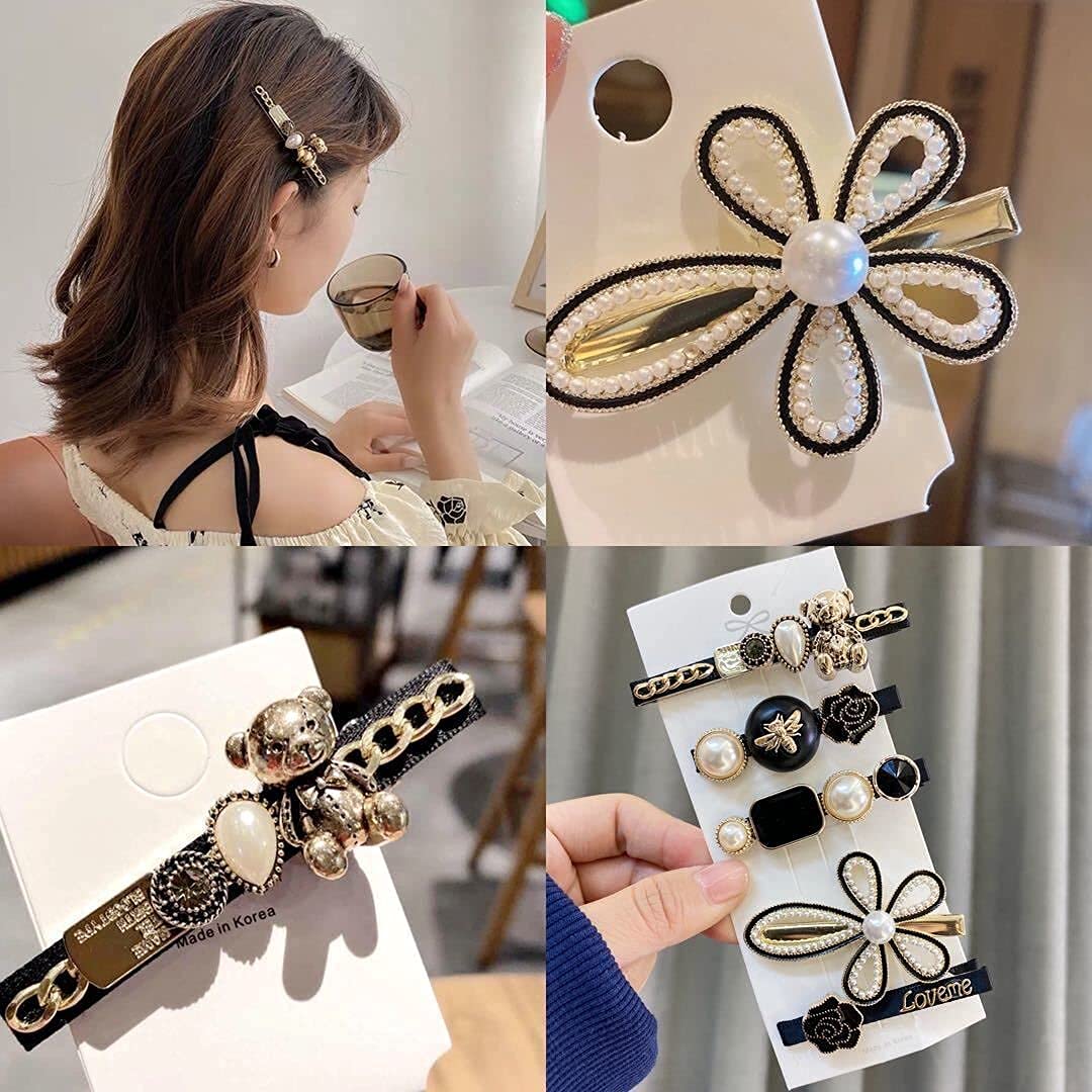 5-Piece Korean Style Pearl Metal Hair Clips - Elegant Plastic Pearl Barrettes Hairpins for Women & Girls (Black) | Perfect for Weddings, Parties, and Everyday Hairstyling