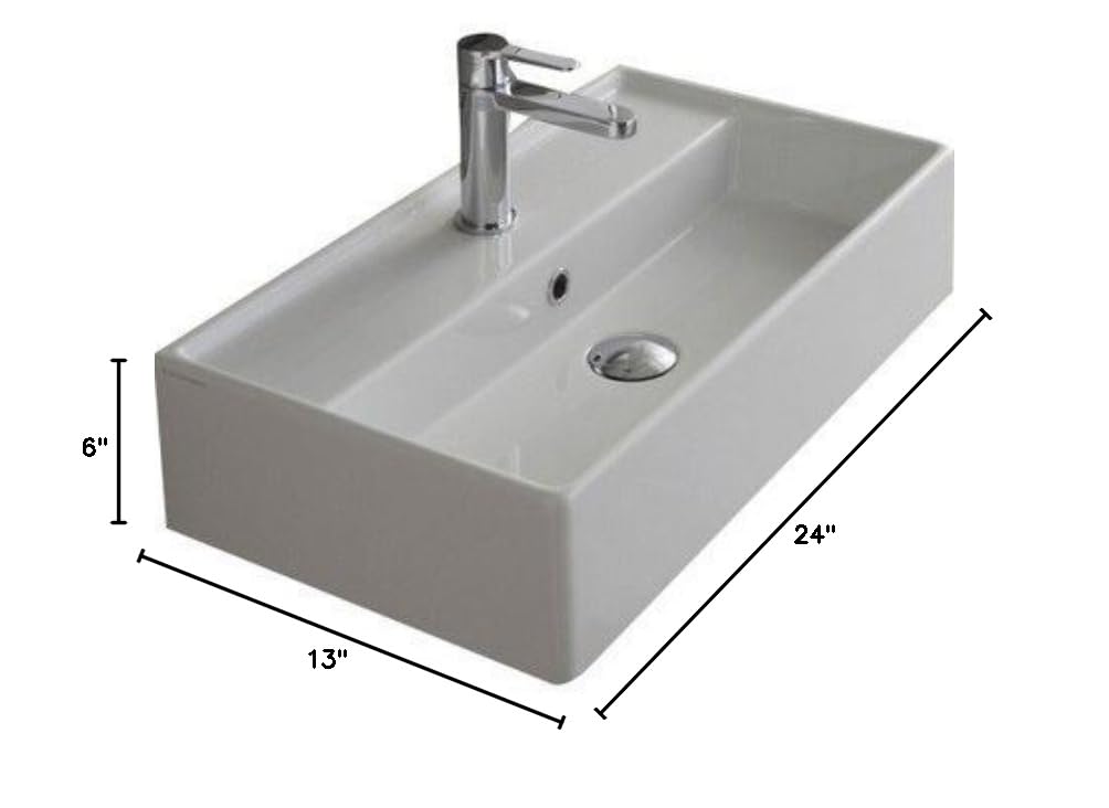 Scarabeo 5002 White Rectangular Ceramic Wall Mounted Vessel Sink - Modern One Hole Bathroom Sink for Powder Room, Guest Bath & Contemporary Home Decor