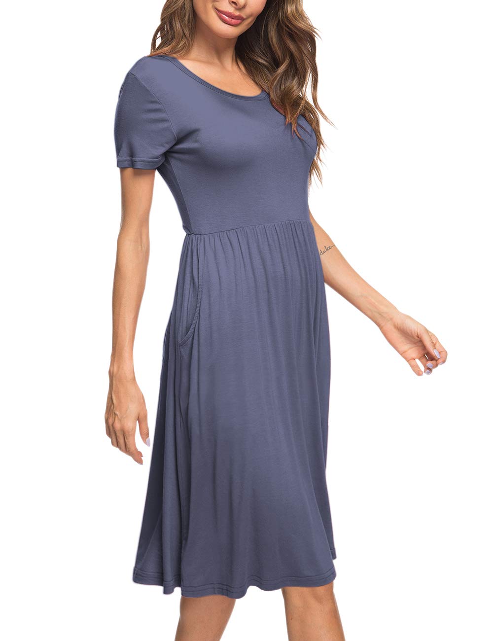 AUSELILY Women's Summer Short Sleeve Empire Waist Dress - Flowy Pleated Knee Length Swing Dress with Pockets | Casual Beach Dress, Vacation Outfit, Office Wear 2025 New Collection
