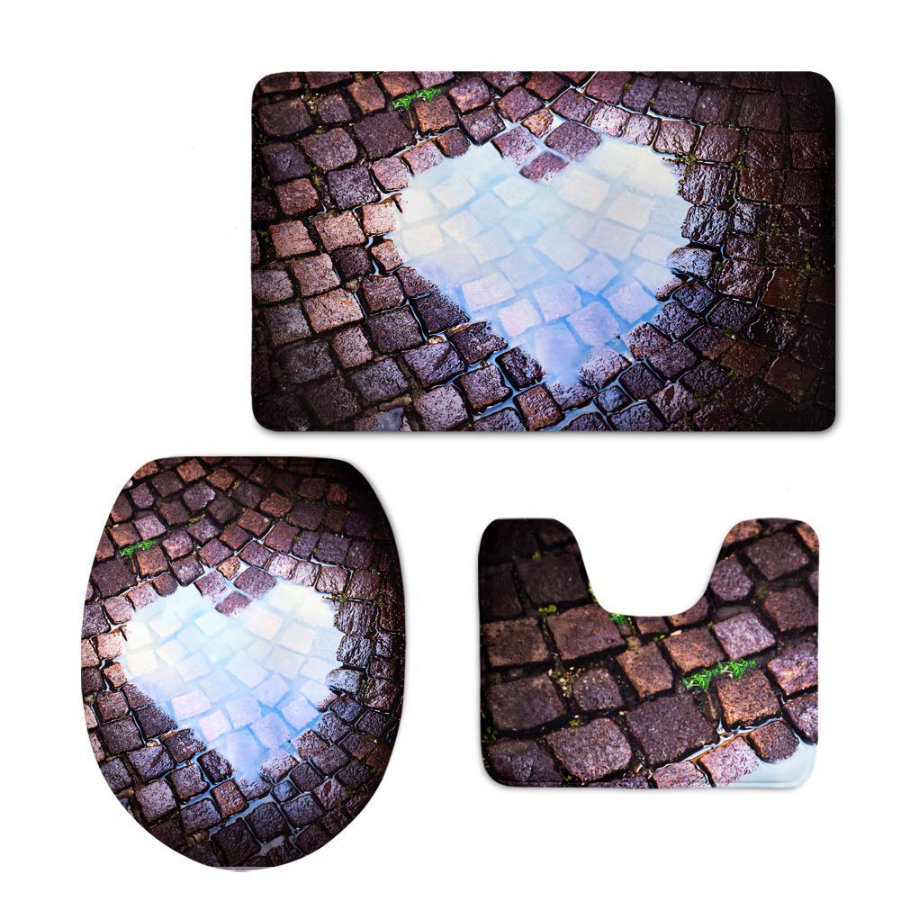 INSTANTARTS 3-Piece Non-Slip Bath Rug Set - Soft Contour Mats for Bathroom, Kitchen & Shower - Heart Design Toilet Carpet - Perfect for Home, Dorm & Apartment Decor