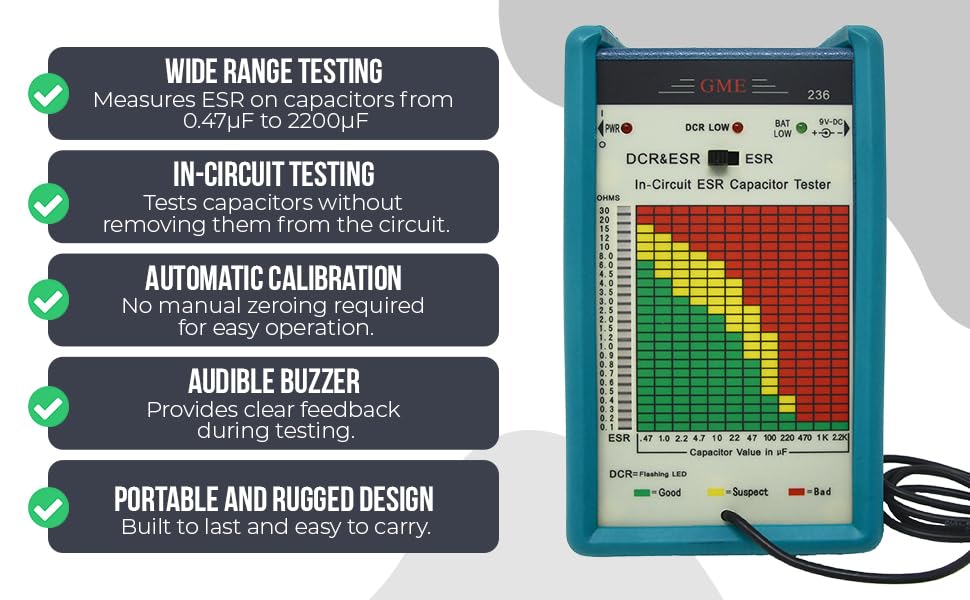 GME Professional in-Circuit ESR Capacitor Tester - Digital Capacitance ESR Meter - USA Designed Electronics Testing Tool for Circuit Board Repair and Maintenance