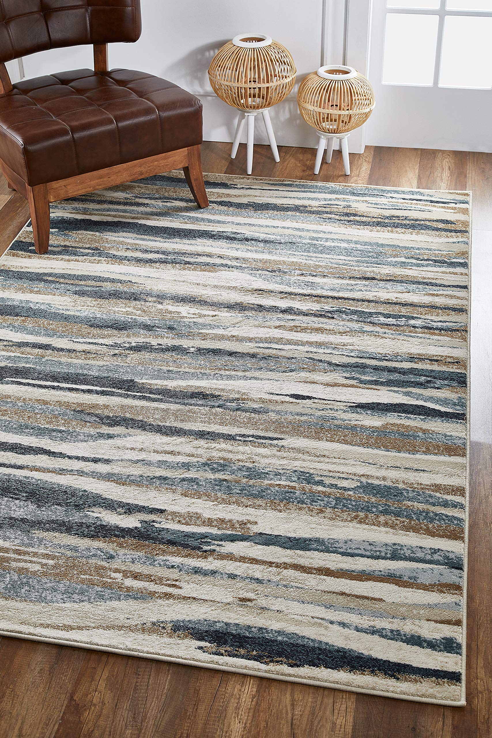 KAS Rugs Avalon Ivory Blue Landscape Plush Area Rug 7'10 x 9'10 - Soft Living Room Carpet for Bedroom, Dining Room & Home Decor