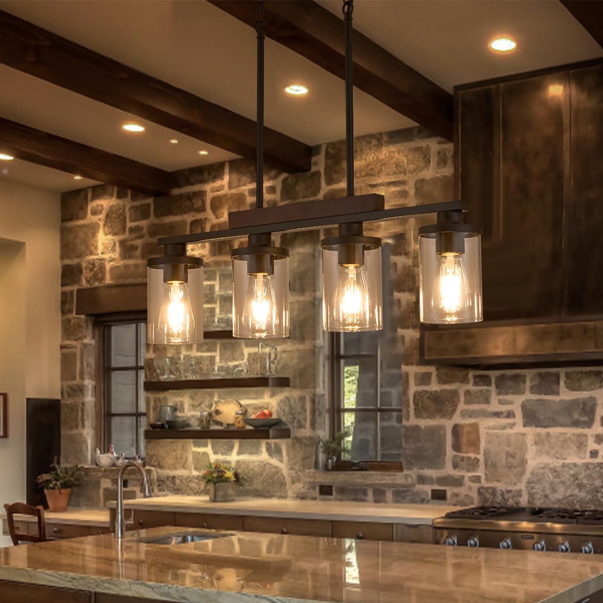 Rustic Wood 4-Light Pendant Chandelier with Glass Shade - Farmhouse Ceiling Light Fixture for Kitchen Island & Dining Room - Perfect for Farmhouse, Cottage & Modern Home Decor
