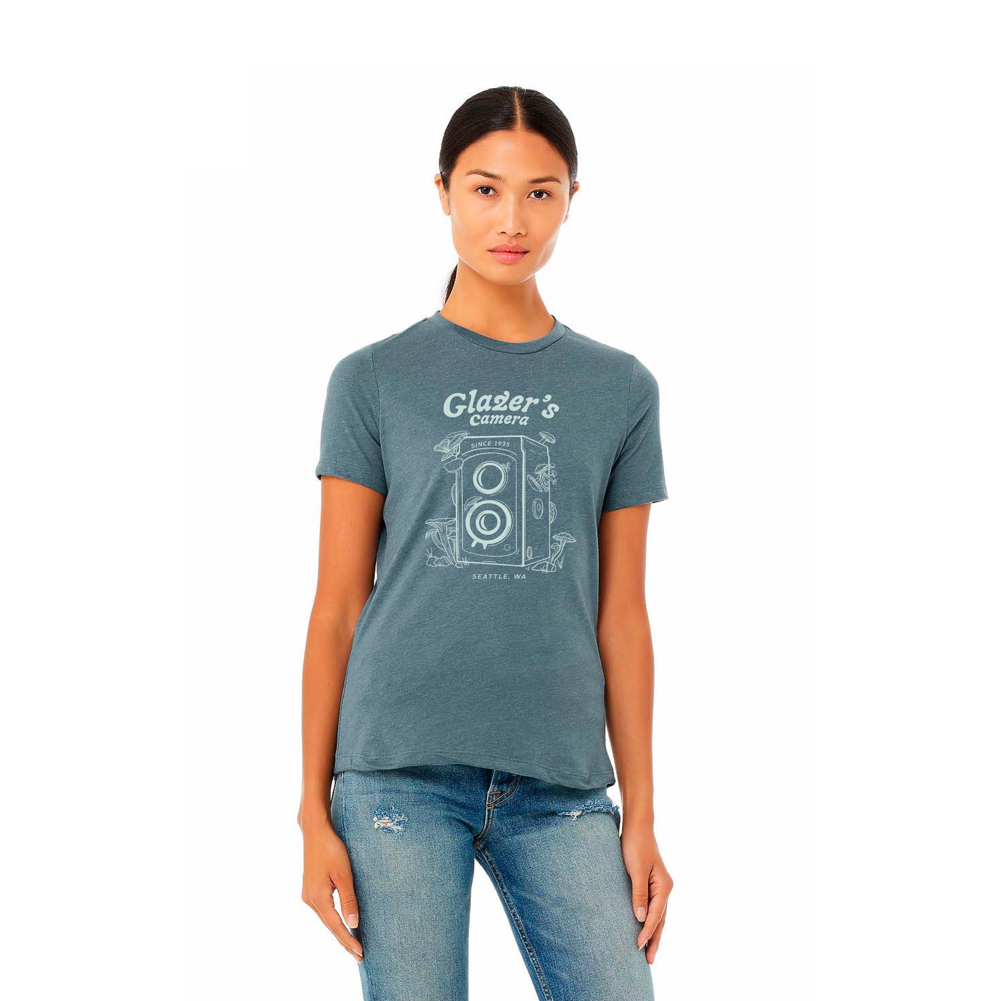 Glazer's Mushroom Camera Graphic T-Shirt for Women - Heather Slate - Size Large | Cute Casual Tee for Photography Enthusiasts, Streetwear & Everyday Wear