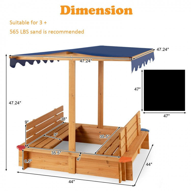 Best Kids Wooden Sandbox with Canopy & 2 Bench Seats - Outdoor Play Sand Box for Toddlers & Children - Perfect for Backyard, Garden, or Patio Playtime