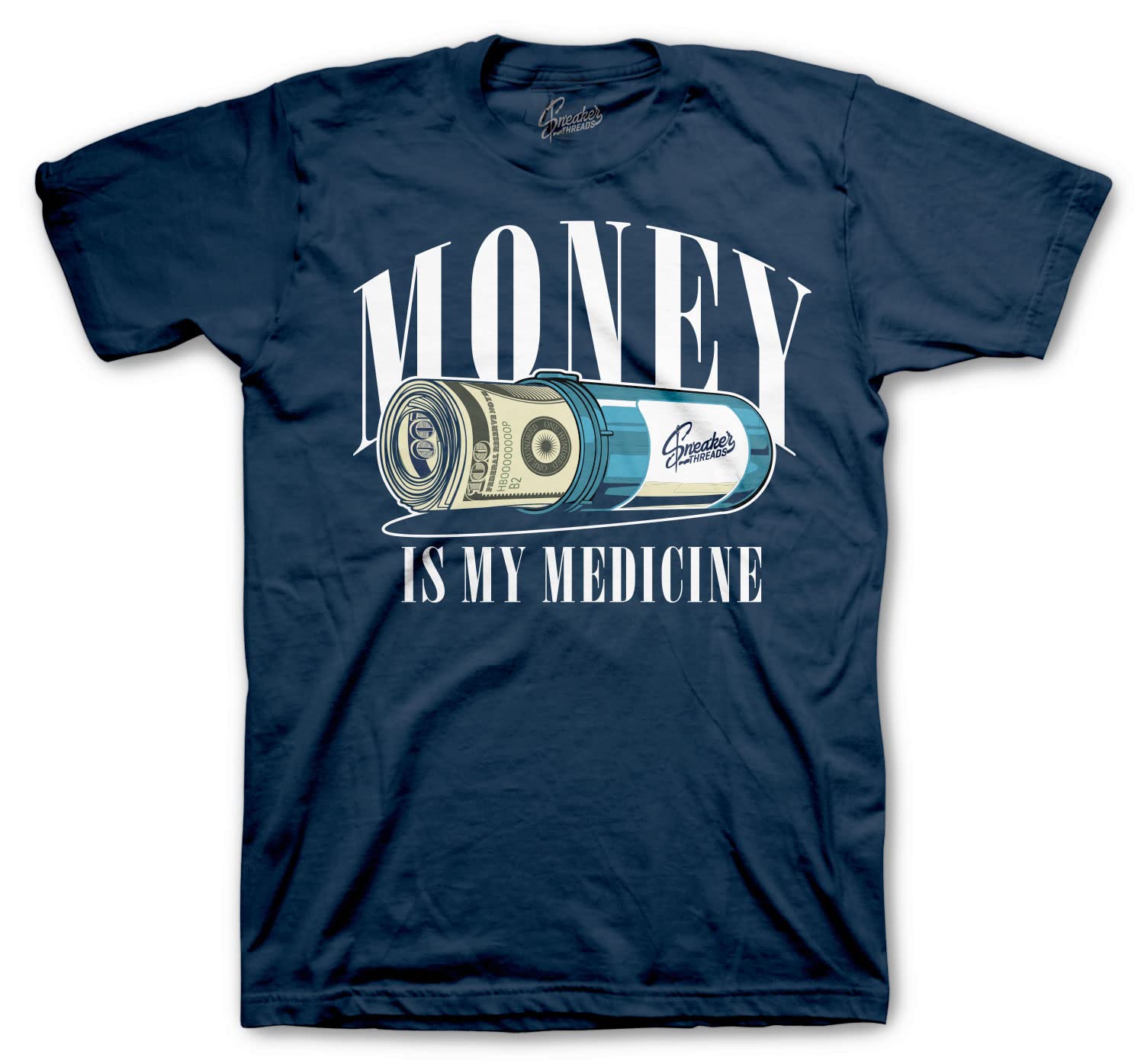 Jordan 13 Obsidian Sneaker Matching Tee - Money Medicine Graphic T-Shirt for Sneakerheads & Streetwear Fashion