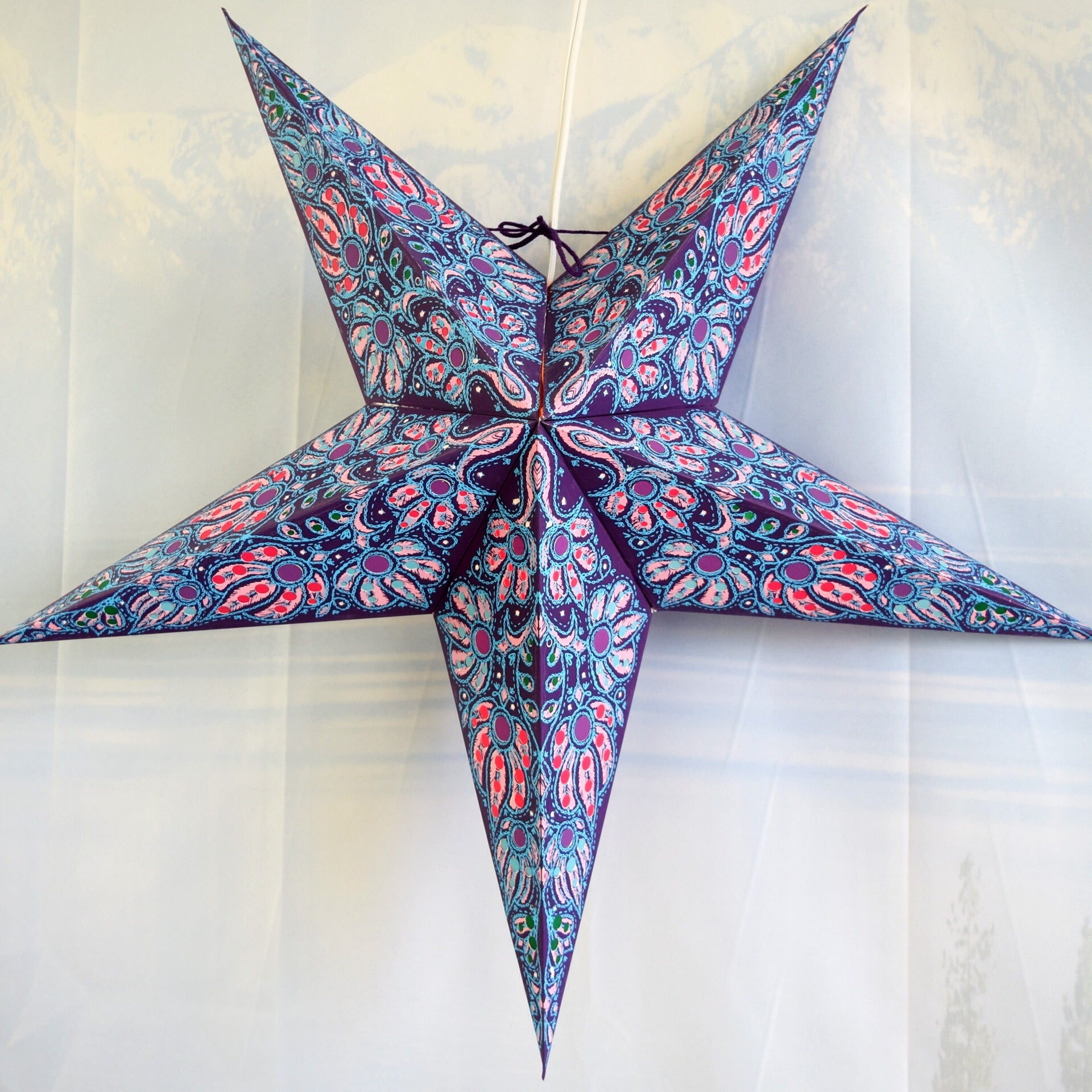 24 Inch Pink Purple Aurora Paper Star Lantern with Pendant Light - DIY Hanging Decor for Bedroom, Nursery, Wedding & Party Decoration